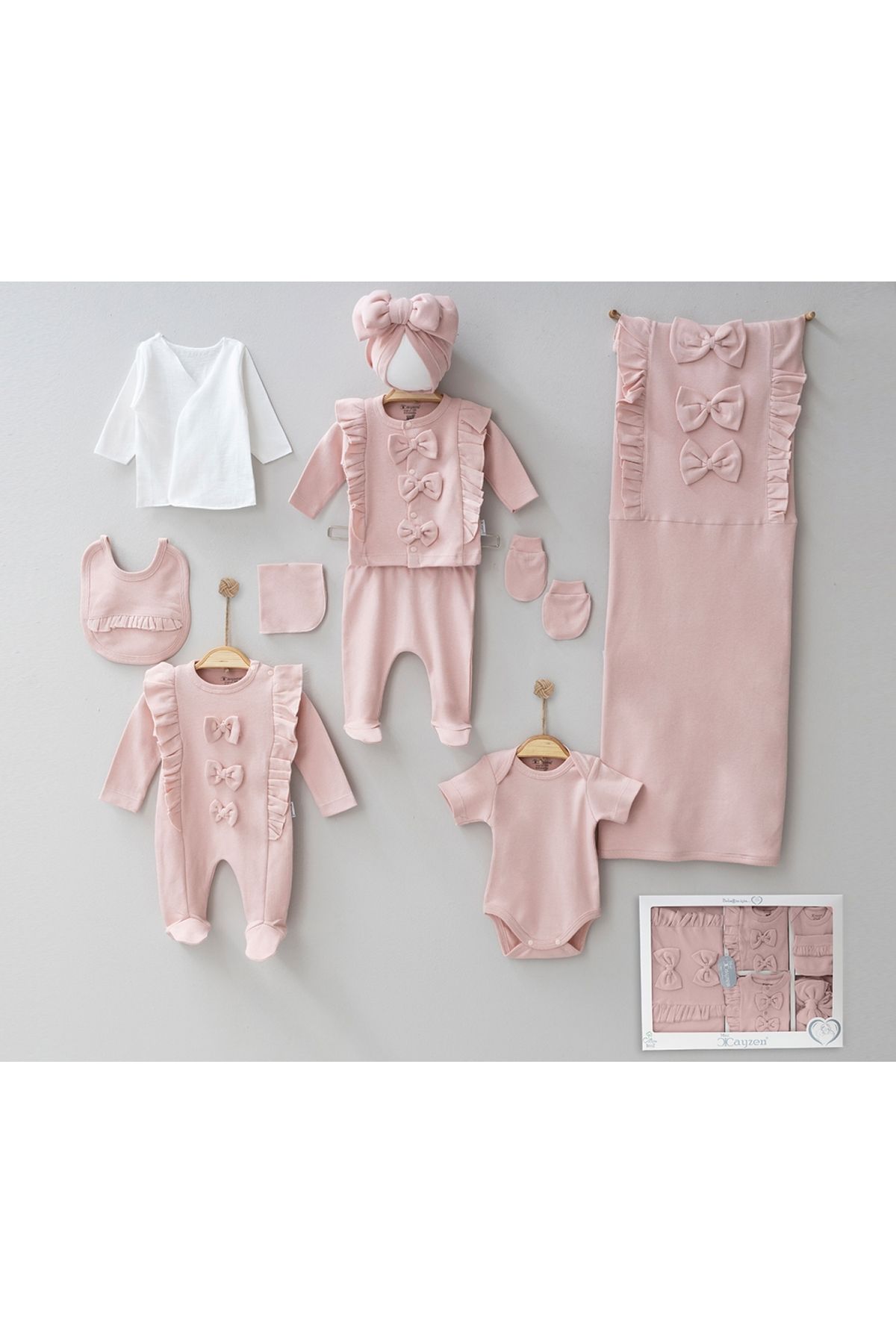 Pure Kids Store Kutulu %100 Organik Pamuk 10 Parça Kız Bebek Fiyonklu Hastane Çıkış Zıbın Seti