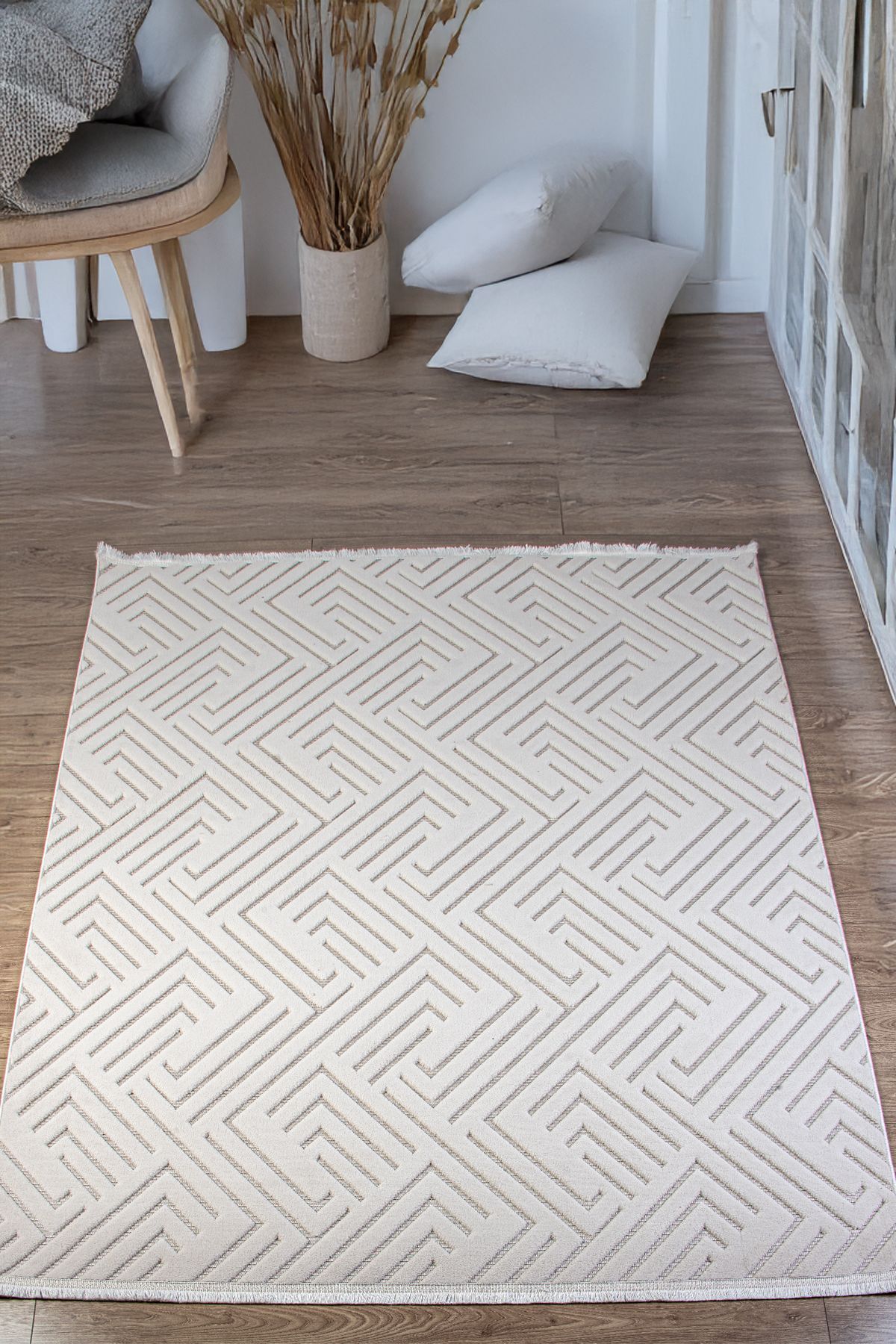 LOVELY HOME Krem Sisal Dokuma Hasır Makine Halısı Saçaklı Kaymaz Oturma Salon Mutfak Çocuk Oda Yolluk Bukle