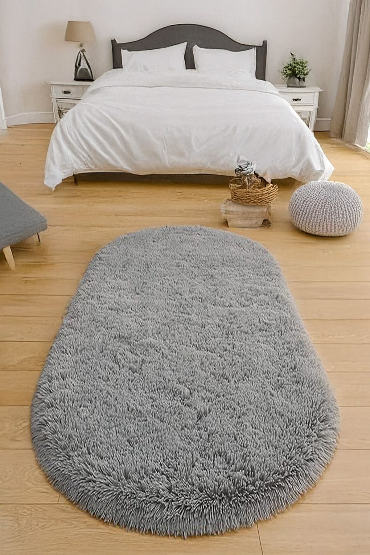 LOVELY HOME Gri Oval Halı Post Peluş Yumuşak Kaymaz Dot Taban Antibakteriyel Makinada Yıkanabilir Yolluk