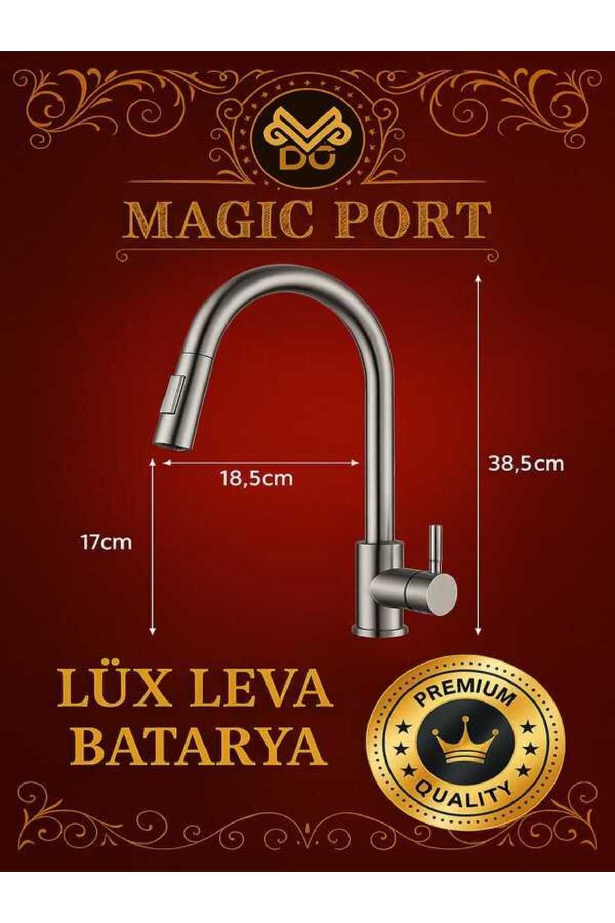 MAGIC PORT FSM LÜX LEVA Mutfak Evye Bataryası Krom Spiralli Çek Bırak Uzayan 2 Modlu Başlık Prinç Musluk