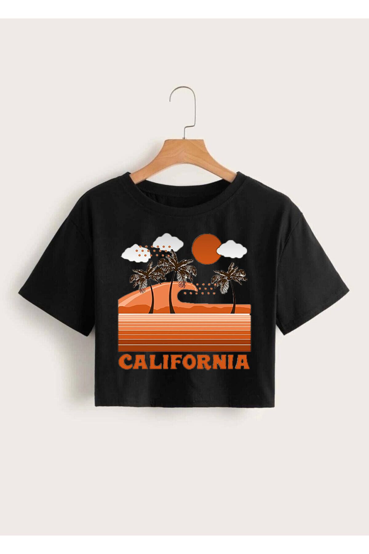 GRİLAND Kadın Siyah California Baskılı Crop Likralı Pamuklu Slim Fit Kısa Crop