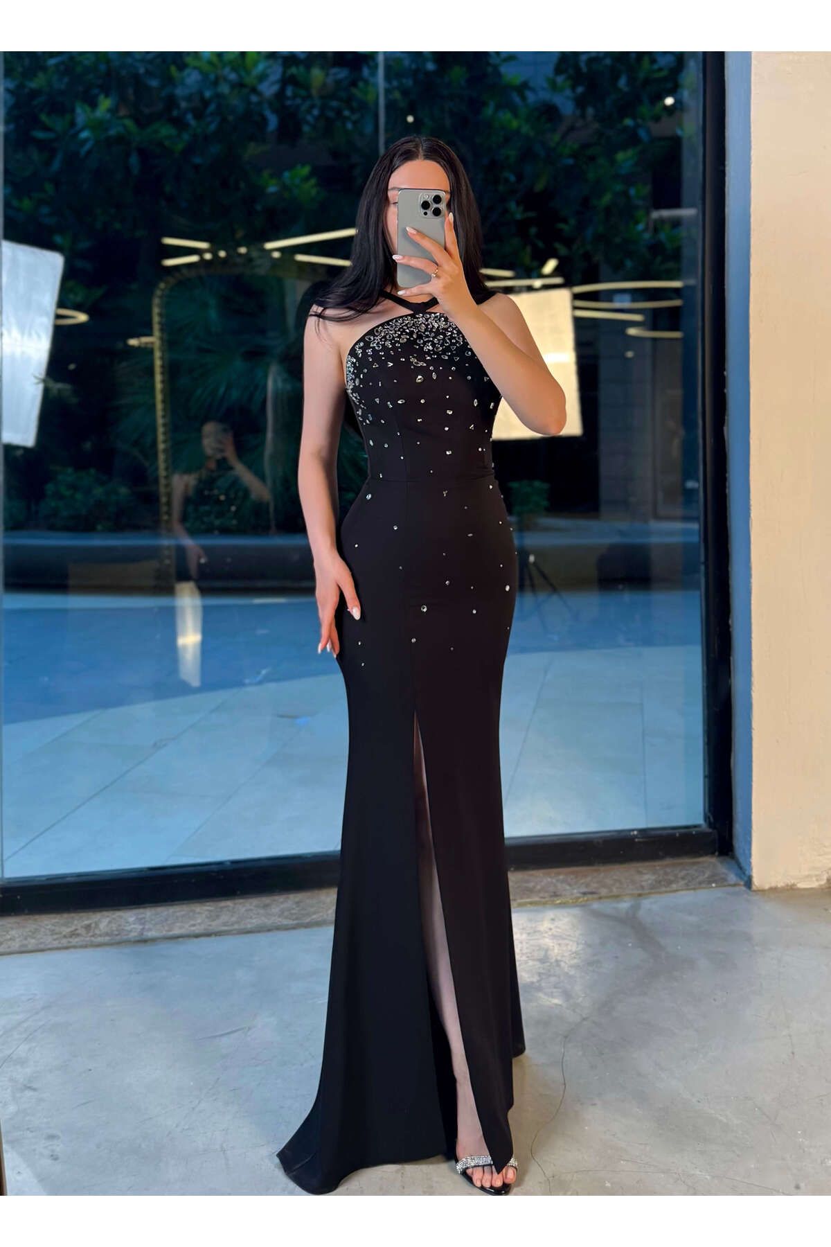 missswans Ristella Halter Yaka Taş İşlemeli Uzun Boy Elbise Abiye Siyah