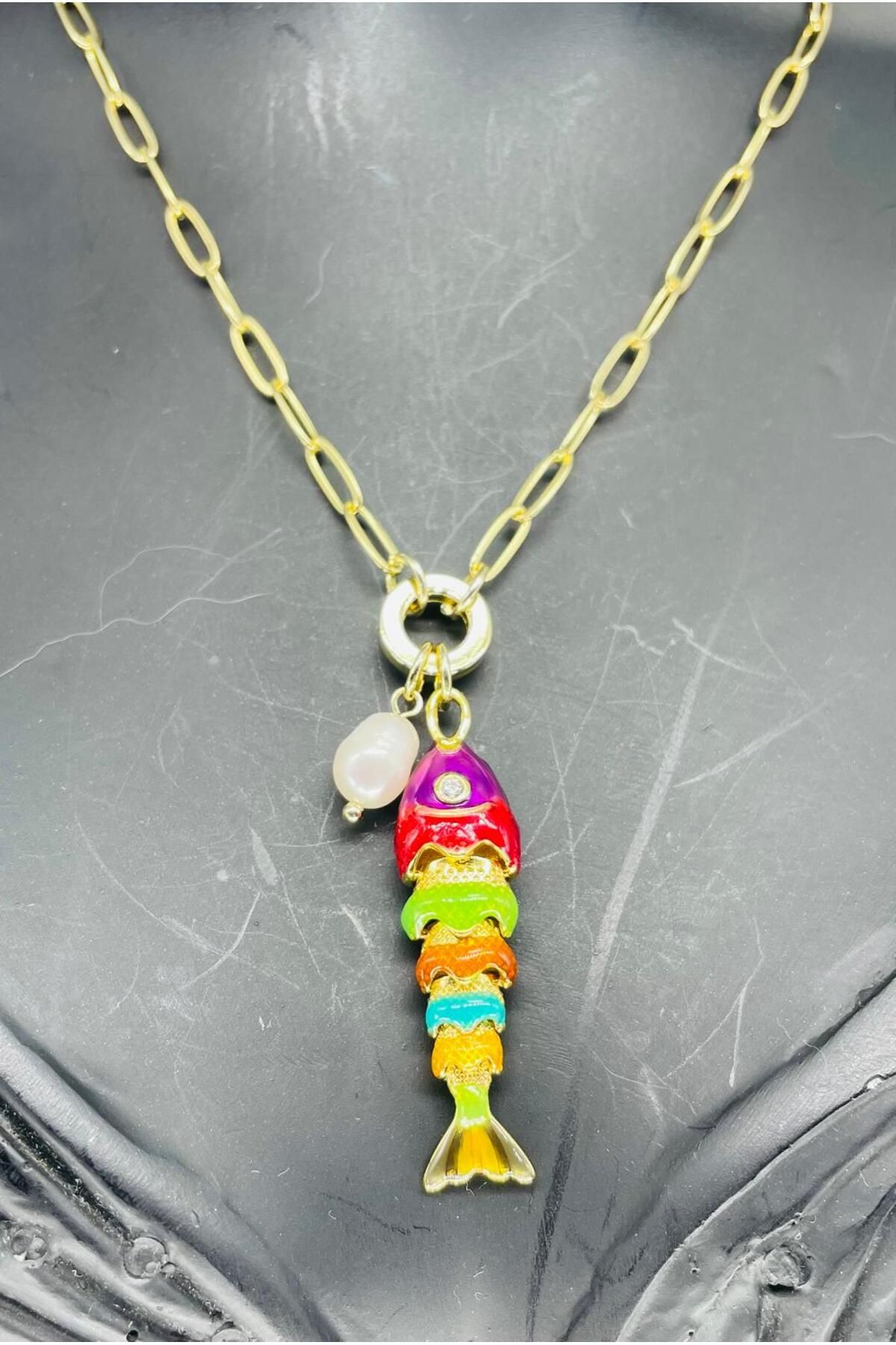 TRENDTAKI vintage renkli balık gold kaplama kolye 0306