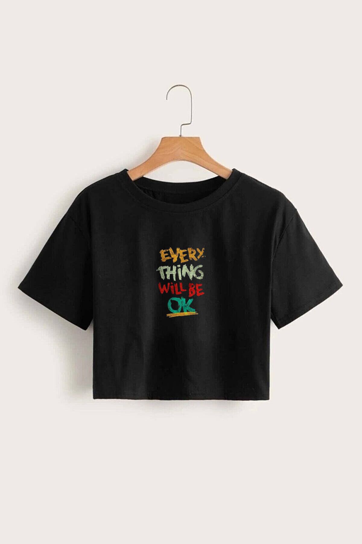 GRİLAND Kadın Siyah Every Thing Baskılı Crop Likralı Pamuklu Slim Fit Kısa Crop