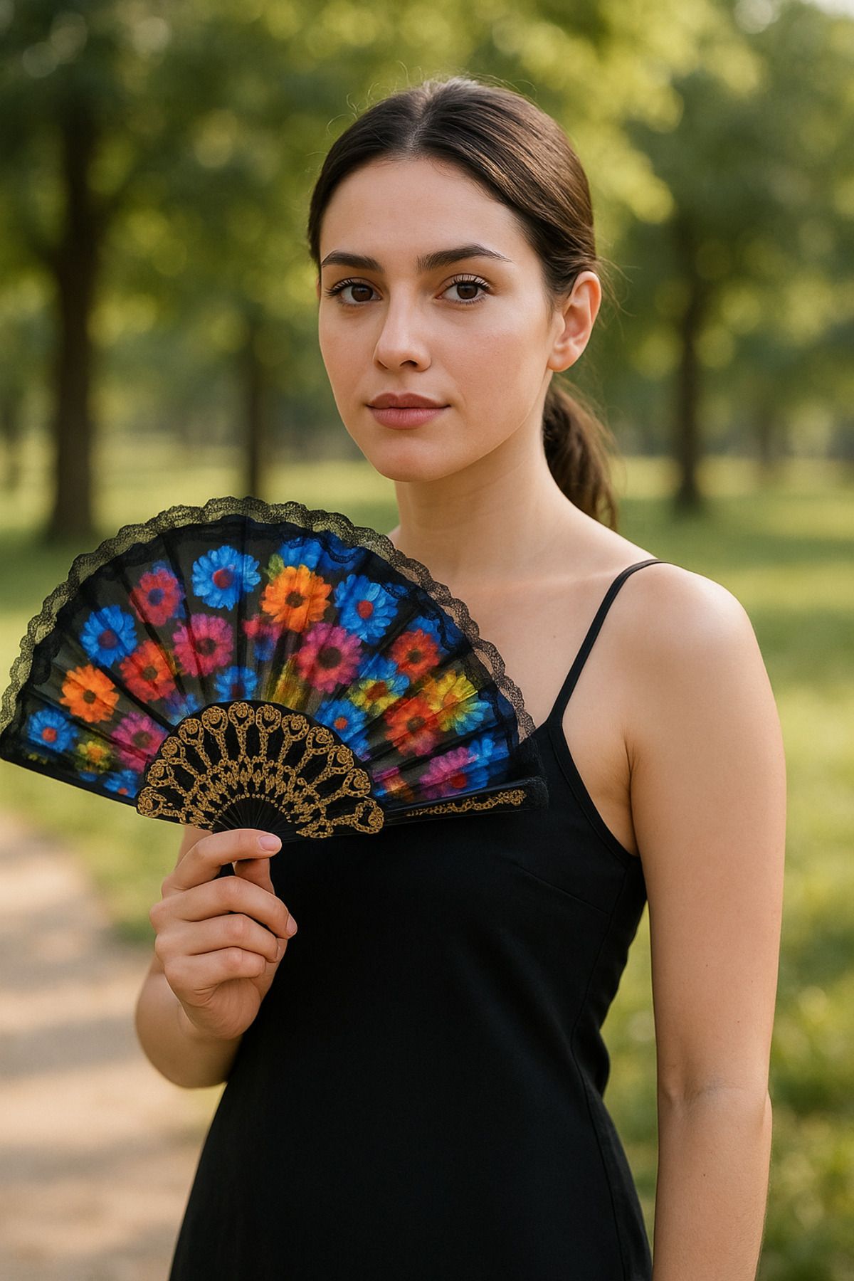 ege park Siyah çiçek desenli yelpaze