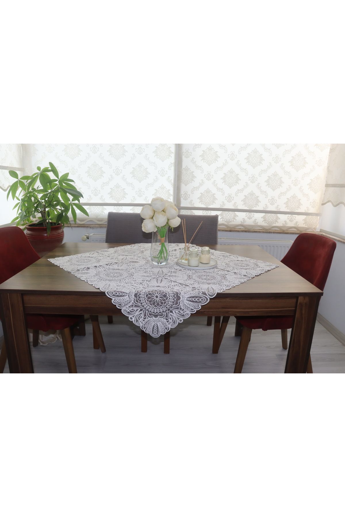 SNMHOME DANTEL fiskos & masa örtüsü beyaz lüks tasarım (95x95) cm.