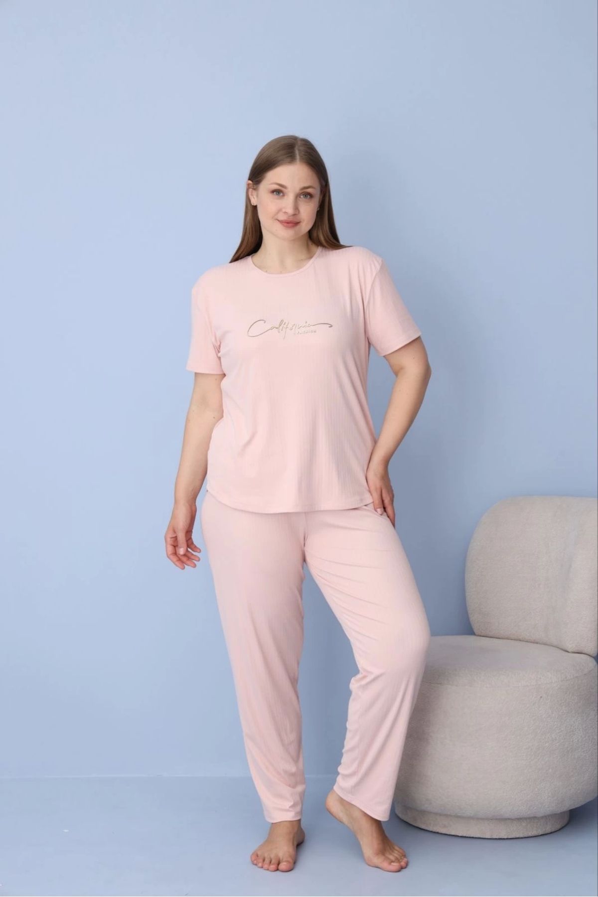 Pijamoni Kadın Büyük Beden Somon Renk Kısa Kollu Dublin Kumaş Pijama Takımı – 5425
