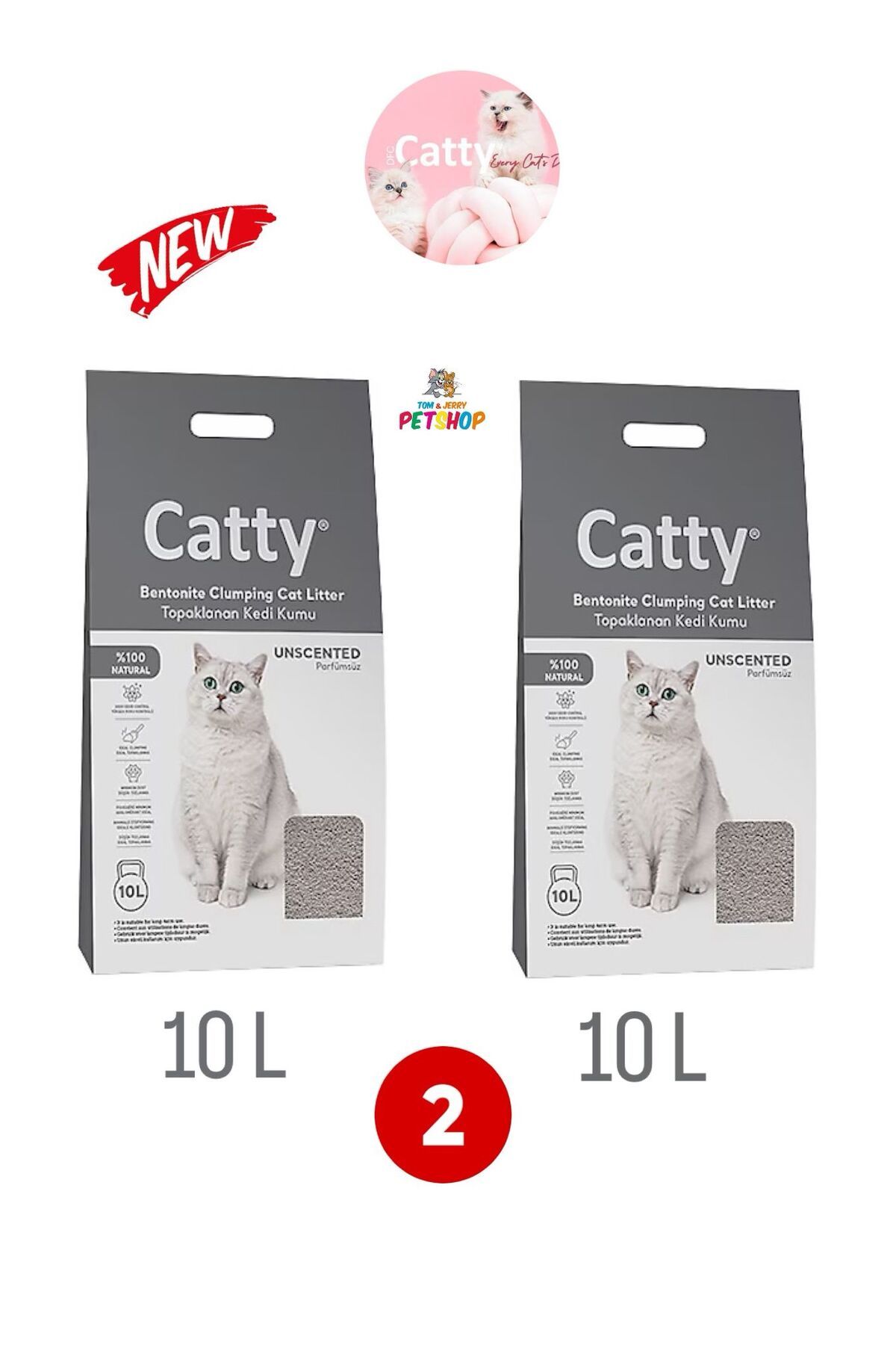 Catty TOM&JERRYPETSHOP-Kokusuz (Sade) Ince Taneli Bentonit Topaklaşan Kedi Kumu 10 Lt 2 ADET