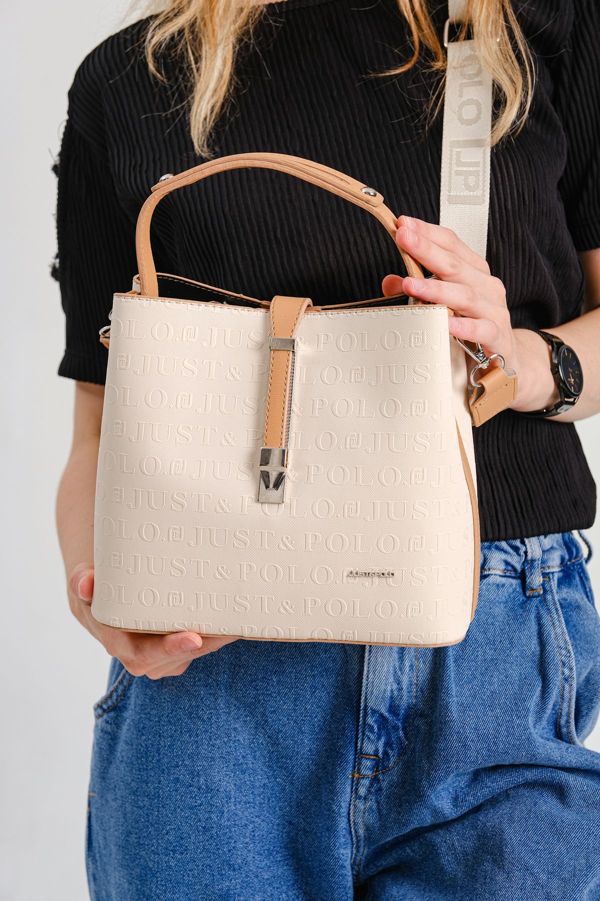 Just Polo Gala 4002 Gofraj Suni Deri 2 Askılı Kadın El ve Omuz Çanta(Ebat: En 20 Yükseklik 22 Cm)