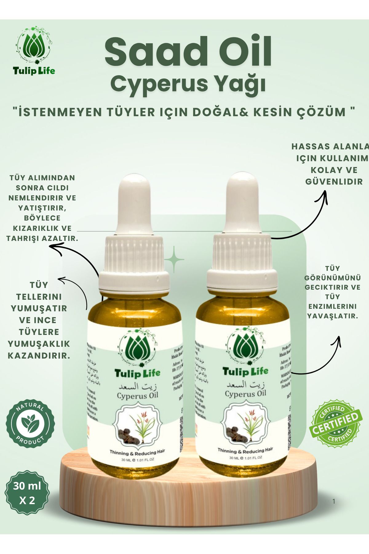 Tuliplife Tüy Azaltıcı Dökücü Öneleyici Incetici Saad Oil ( Cyperus Rotundus Oil ) 30 ml ( (2 adet )