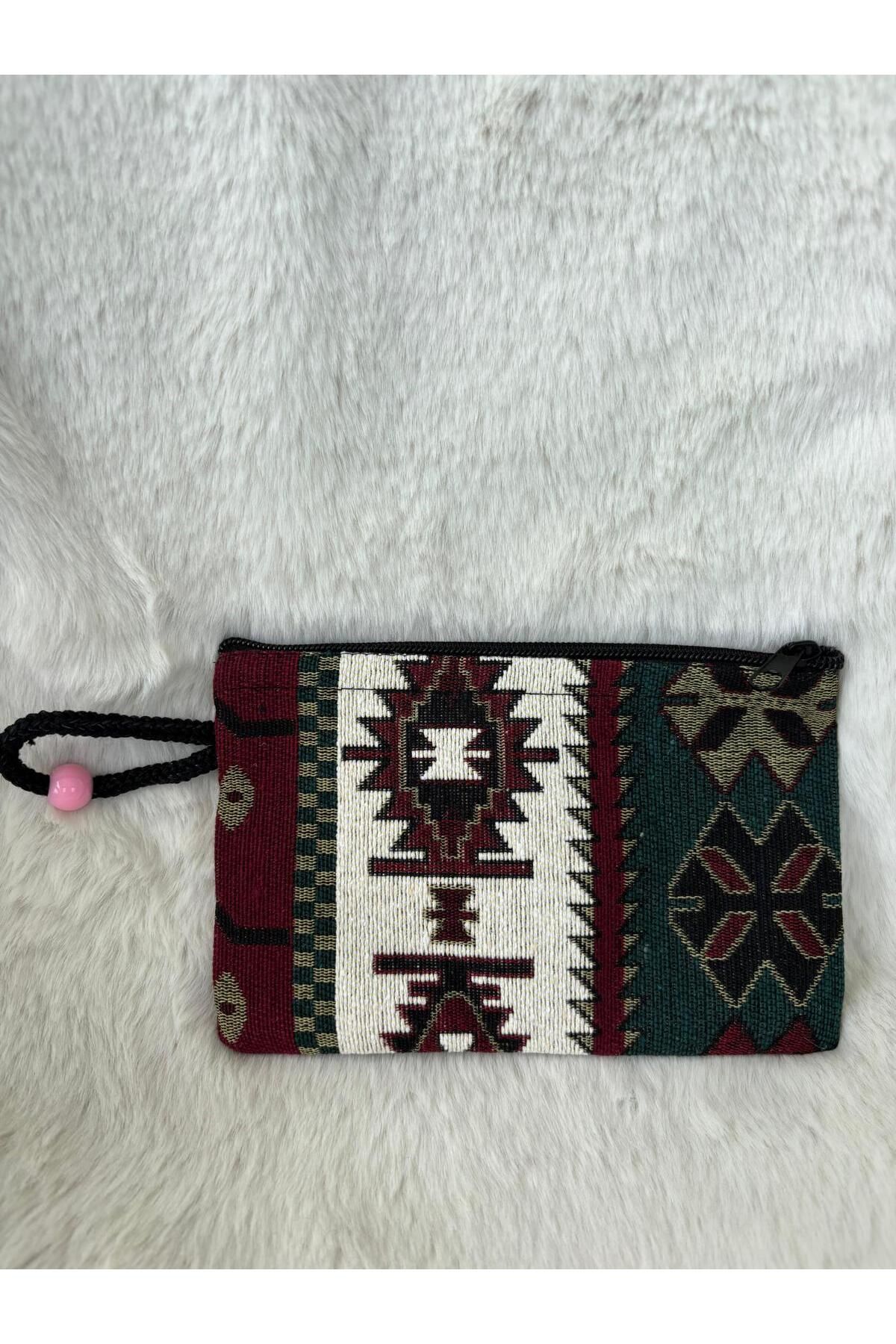 AyKoş aksesuar ORTA BOY YEŞİL BORDO BEYAZ ETNİK KİLİM DESEN CÜZDAN TELEFON ÇANTASI CLUTCH PORTFÖY EL ÇANTASI