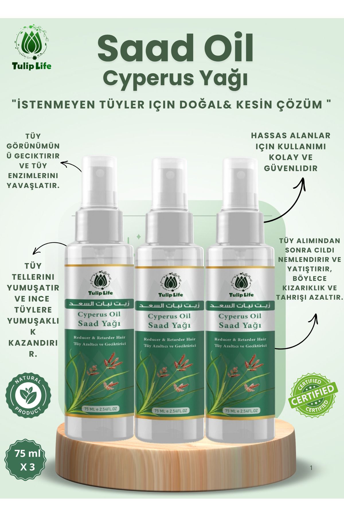 Tuliplife Tüy Azaltıcı Dökücü Incetici Saad Oil ( Cyperus Rotundus Oil ) 75 ml ( (3 pieces)