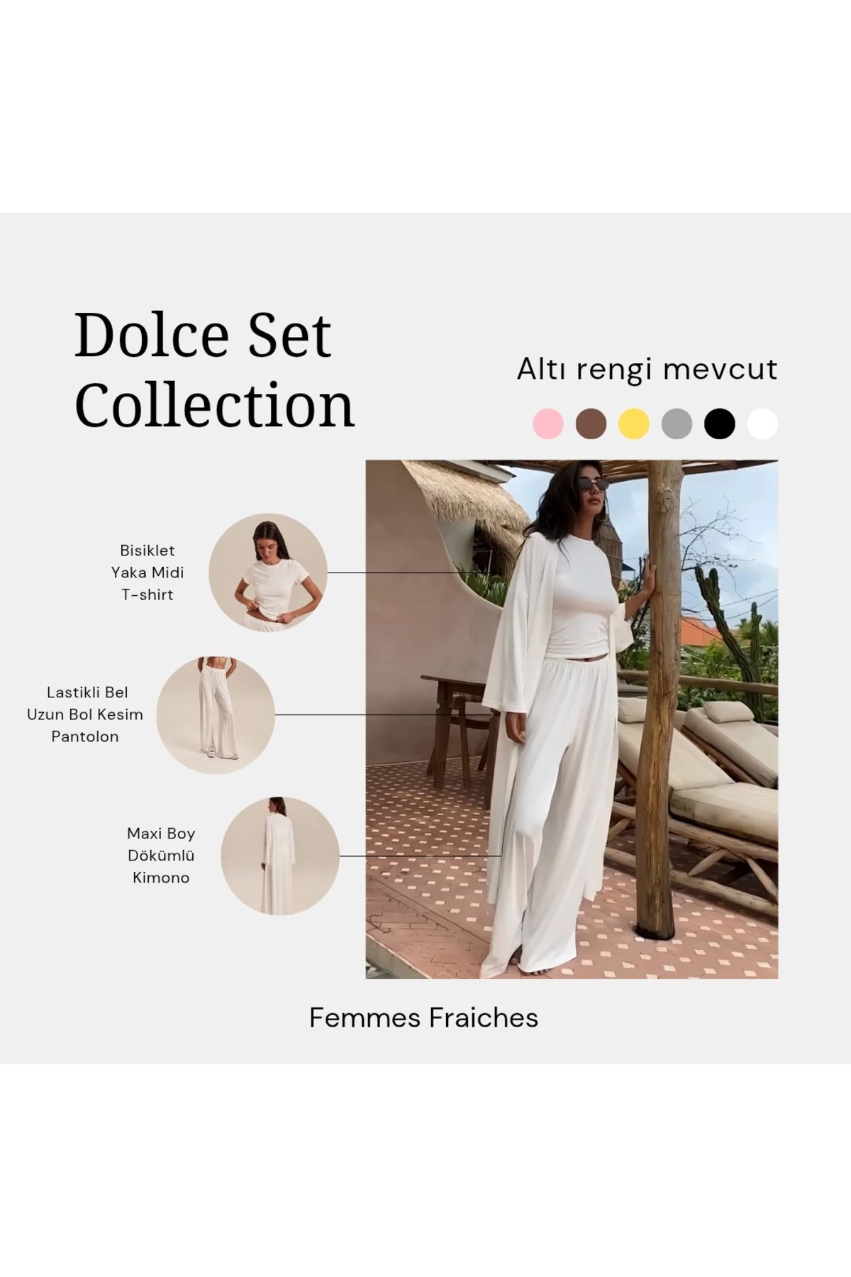 femmes fraiches Femmes Dolce Beyaz Set ( Pantolon T-shirt Kimono )