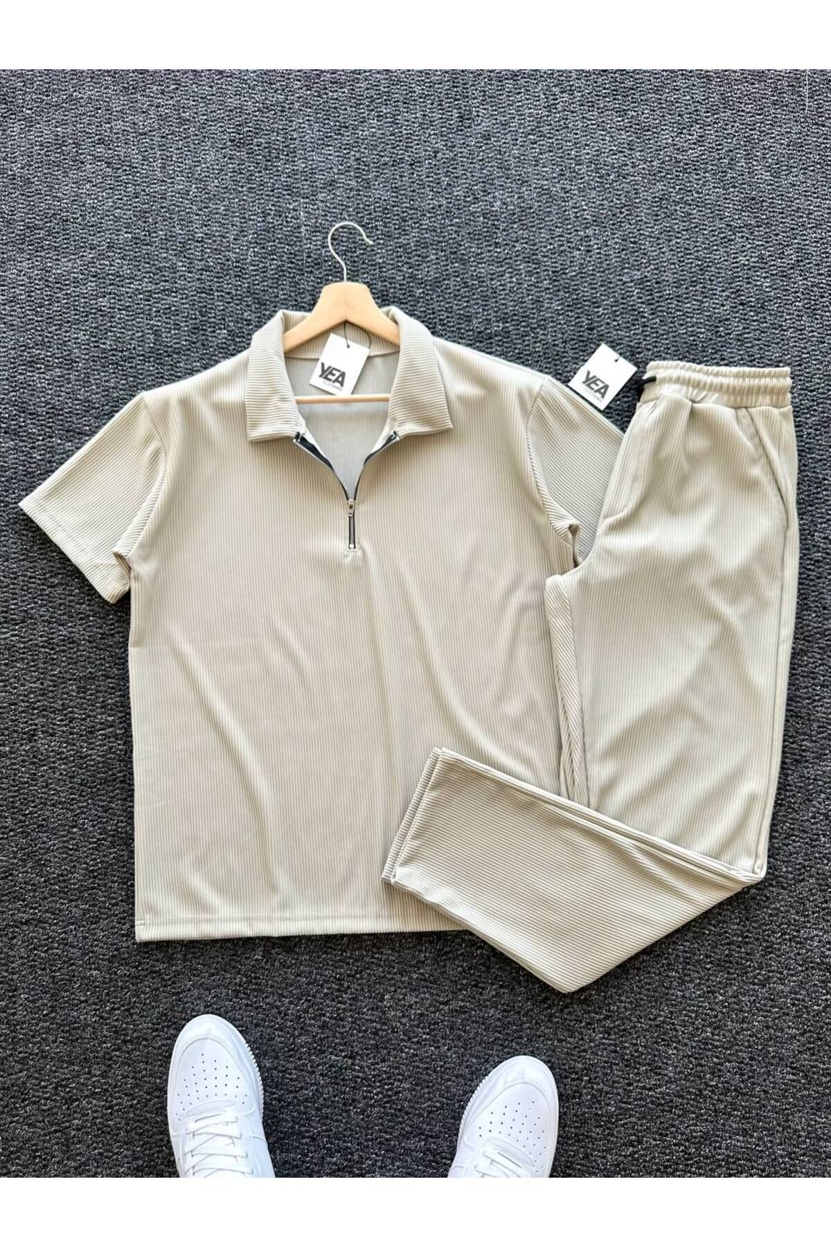 tetramoda Fitilli Yarım Fermuarlı Polo Yaka Tişört Ve Baggy Pantolon 2'li Set