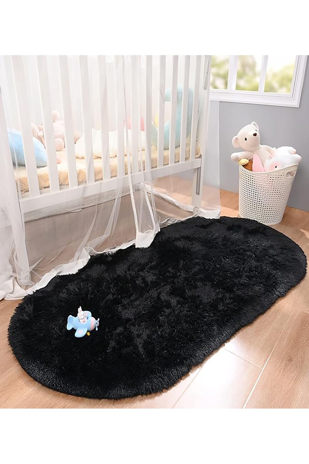 LOVELY HOME Siyah Oval Halı Peluş Post Yumuşak Kaymaz Dot Taban Antibakteriyel Makinada Yıkanabilir Yolluk