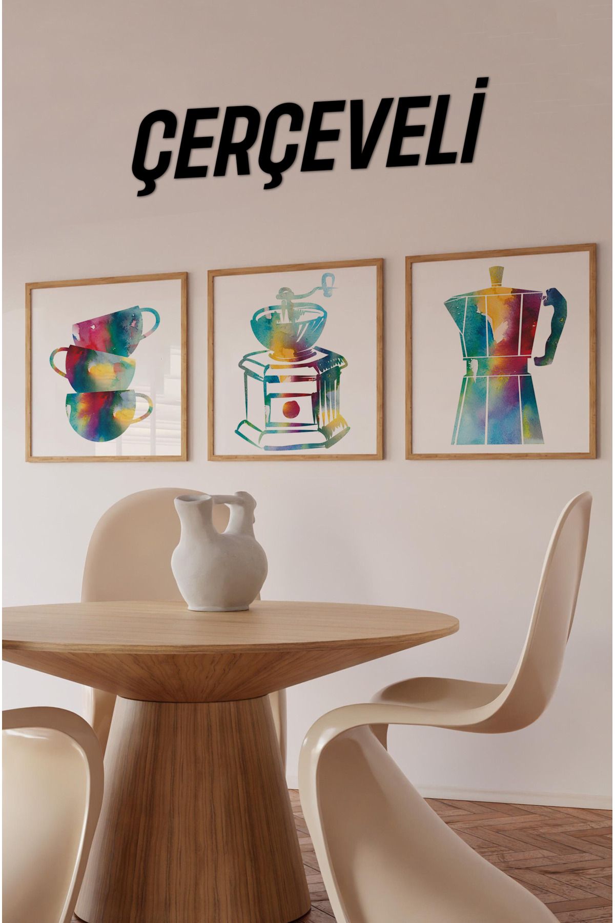 kutuTR 🏷️ 🎨 Renkli Kahve Temalı 3’lü Tablo Seti | Suluboya Stil | UV Baskı – MDF – Ahşap Çerçeve KR4048