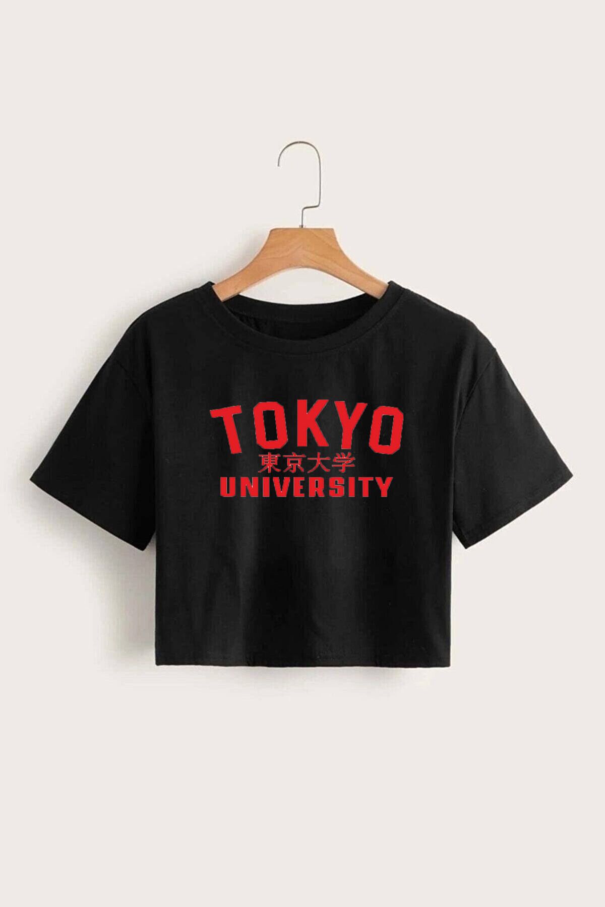 GRİLAND Kadın Siyah Tokyo Baskılı Crop Likralı Pamuklu Slim Fit Kısa Crop