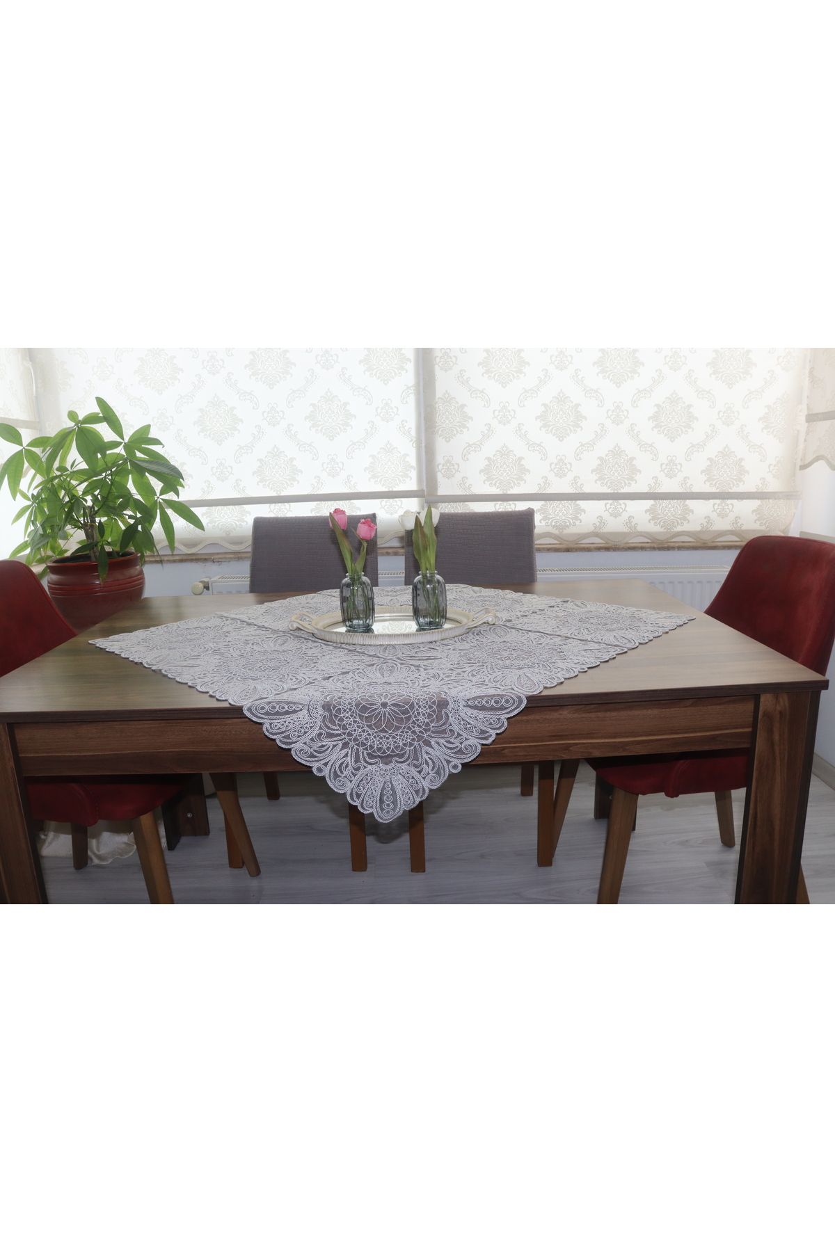 SNMHOME DANTEL fiskos & masa örtüsü Lüks tasarım gri renkli (95x95) cm.