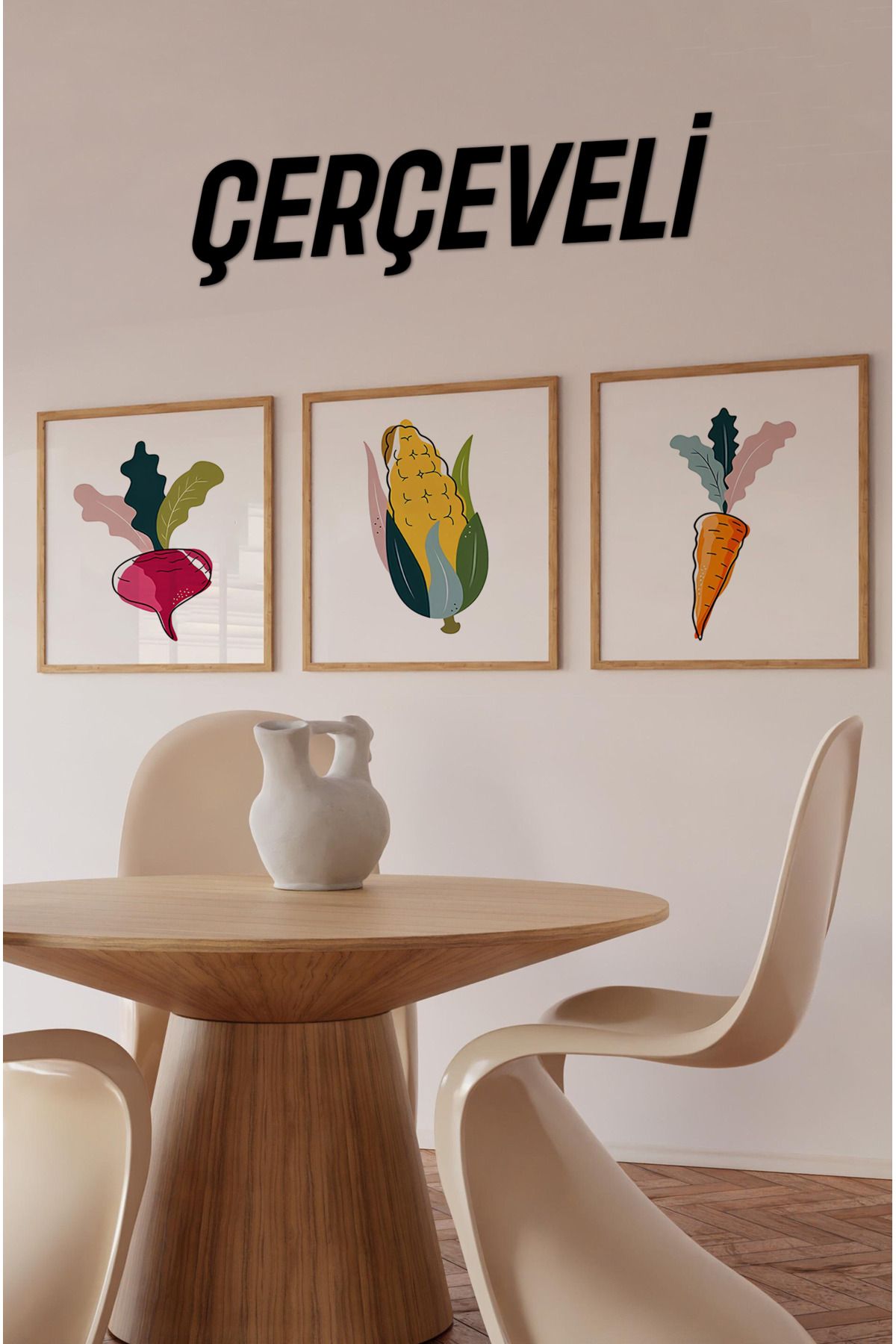 kutuTR 🥕 Renkli Sebze Temalı 3’lü Tablo Seti –Havuç, Pancar, Mısır Desenli Ahşap Çerçeveli UV Baskı KR4057