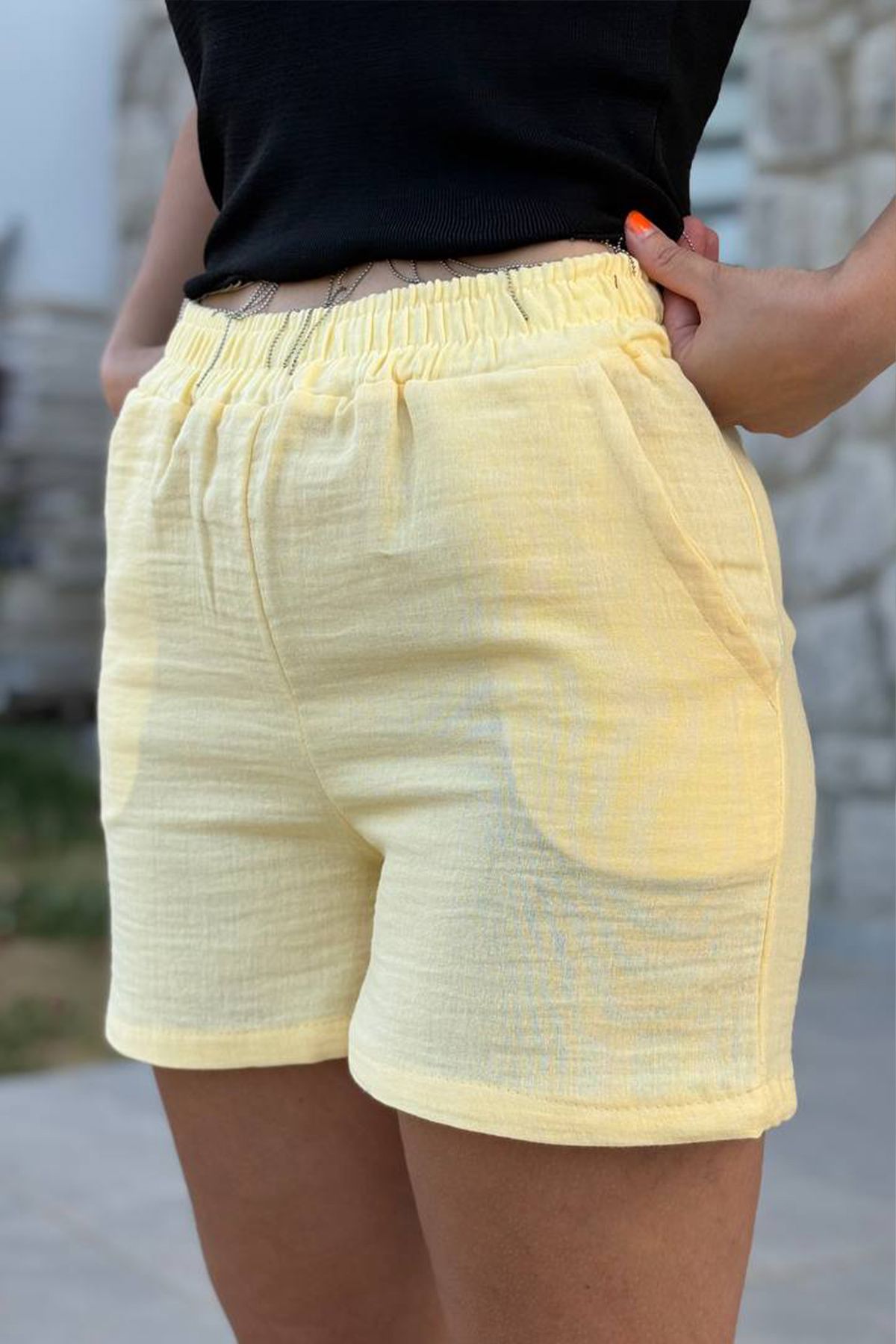 db didem butik Müslin Kumaş Kısa Şort 40 Cm boy %100 pamuk ;Terletmez Renk atmaz