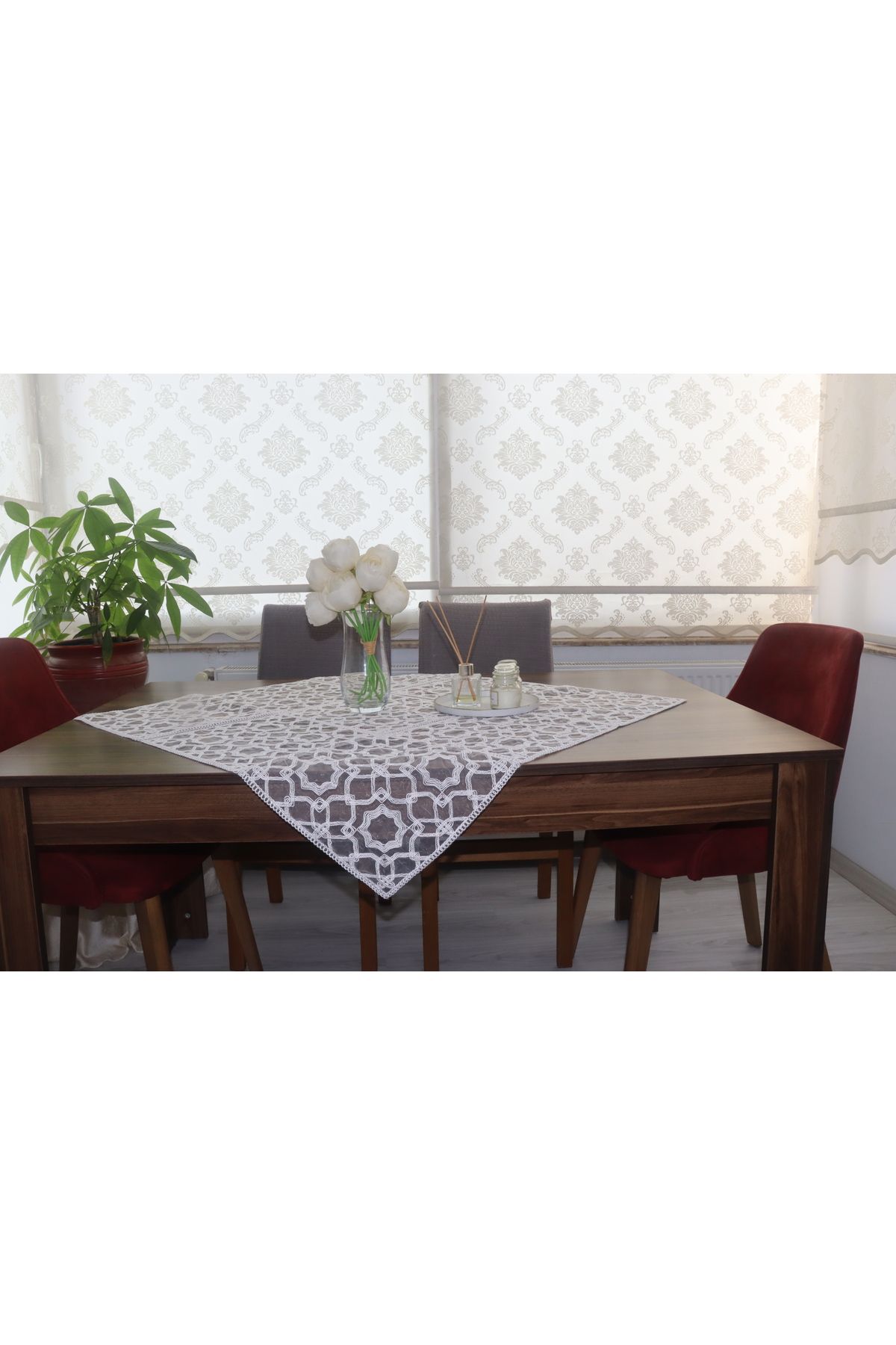 SNMHOME DANTEL fiskos & masa örtüsü lüks tasarım beyaz (95x95) cm