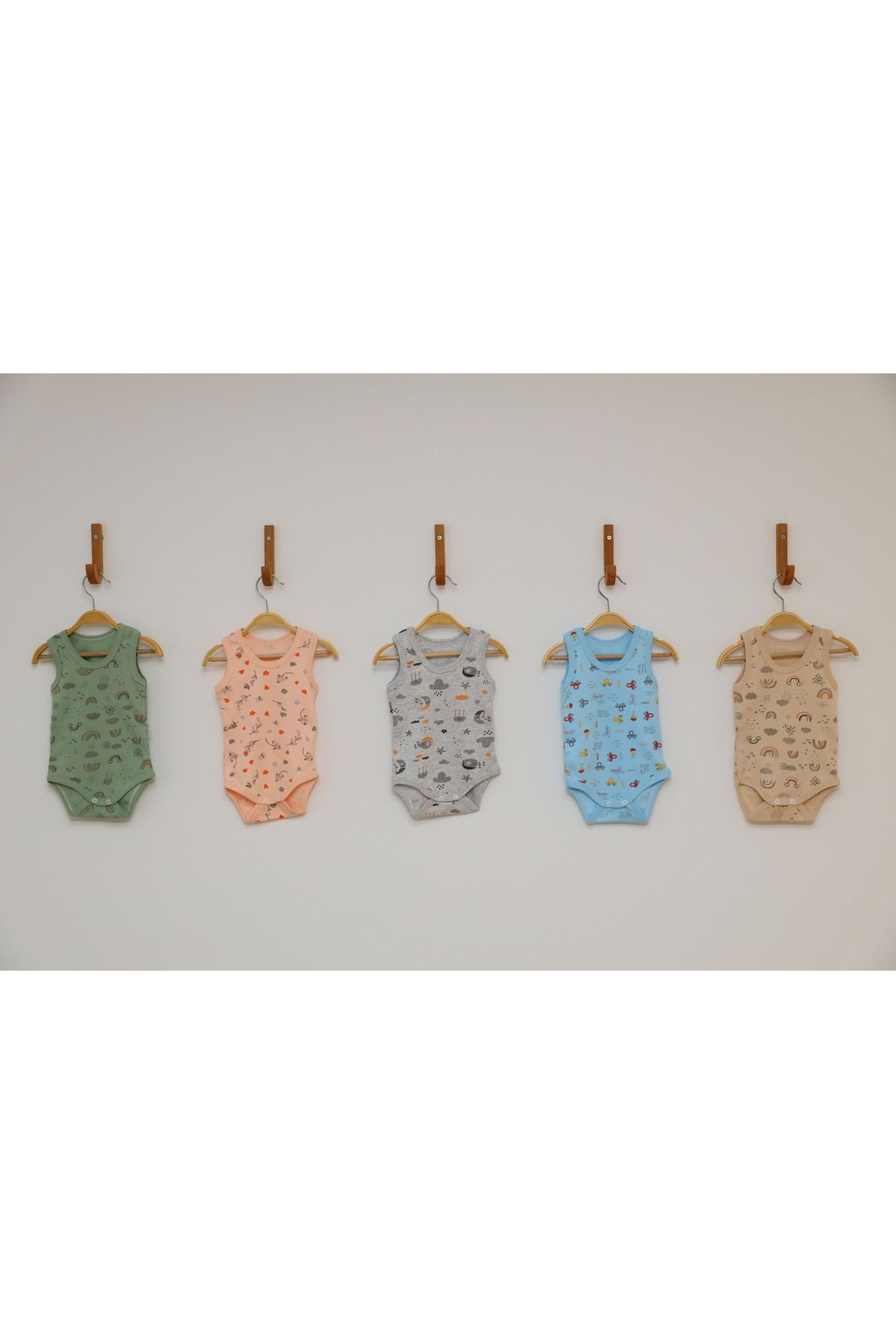 Vivolas Bebek Çıtçıtlı Body Desenli %100 Organik Pamuklu 5'Li Askılı Zıbın Erkek Bebek & Çocuk