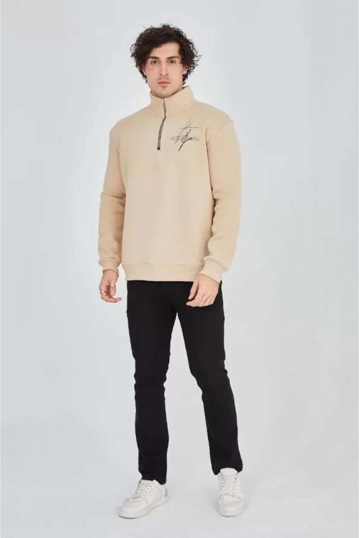 modamtn Erkek Yarım Fermuarlı Baskılı Sweat - Bej
