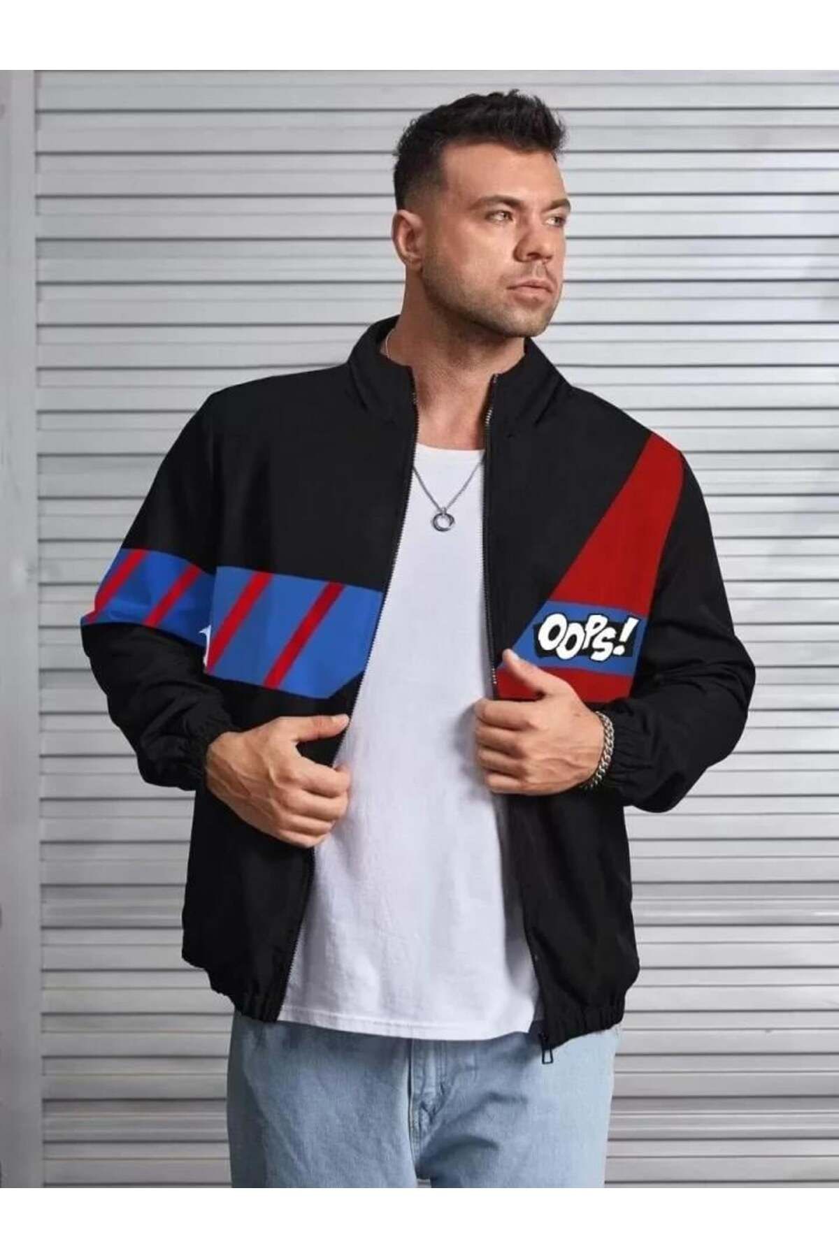 modamtn Unisex Uzun Koll Fermuarlı Baskılı Rüzgarlik - Siyah