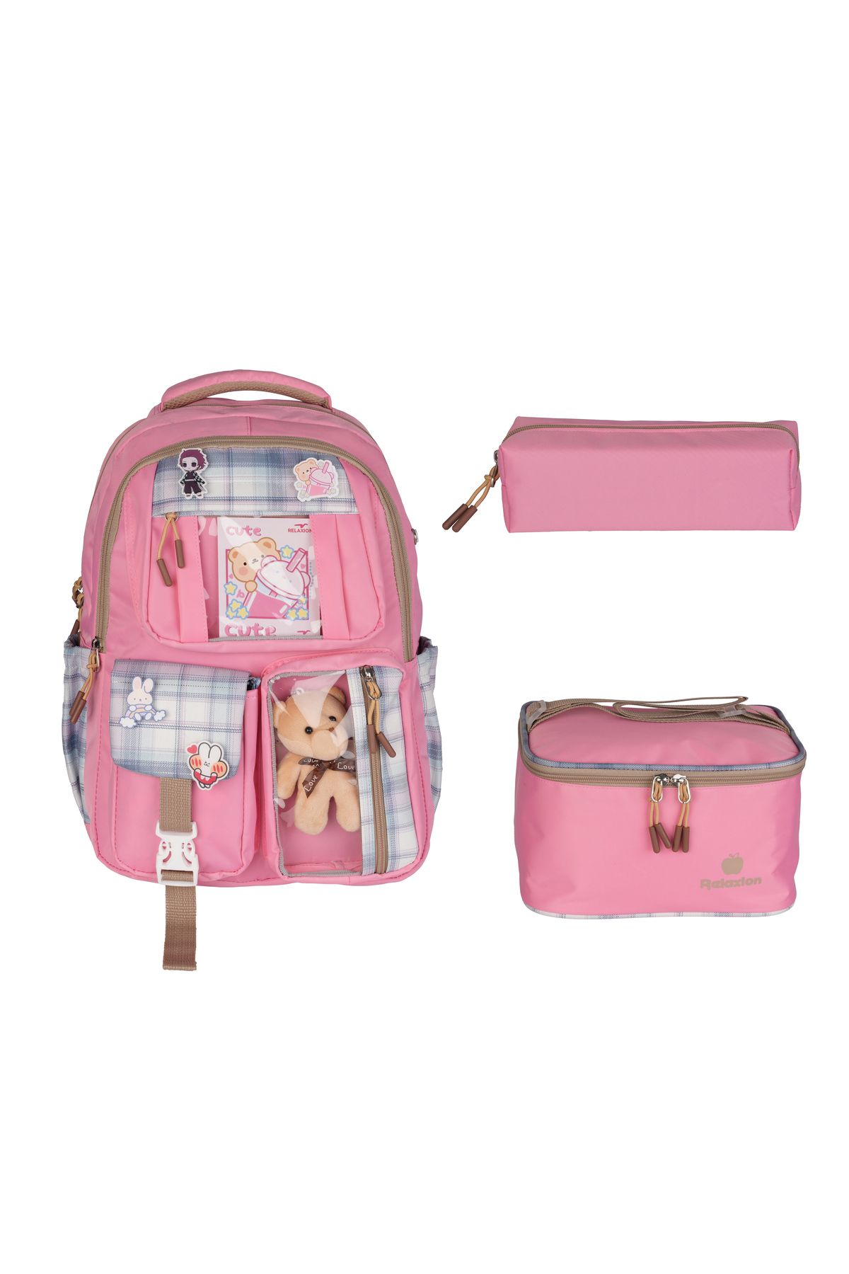 nacar çarşı Kawaii Kore Tarzı Pembe Sırt Okul Çantası Set Beslenme Çantası Kalemlik Peluş Oyuncaklı