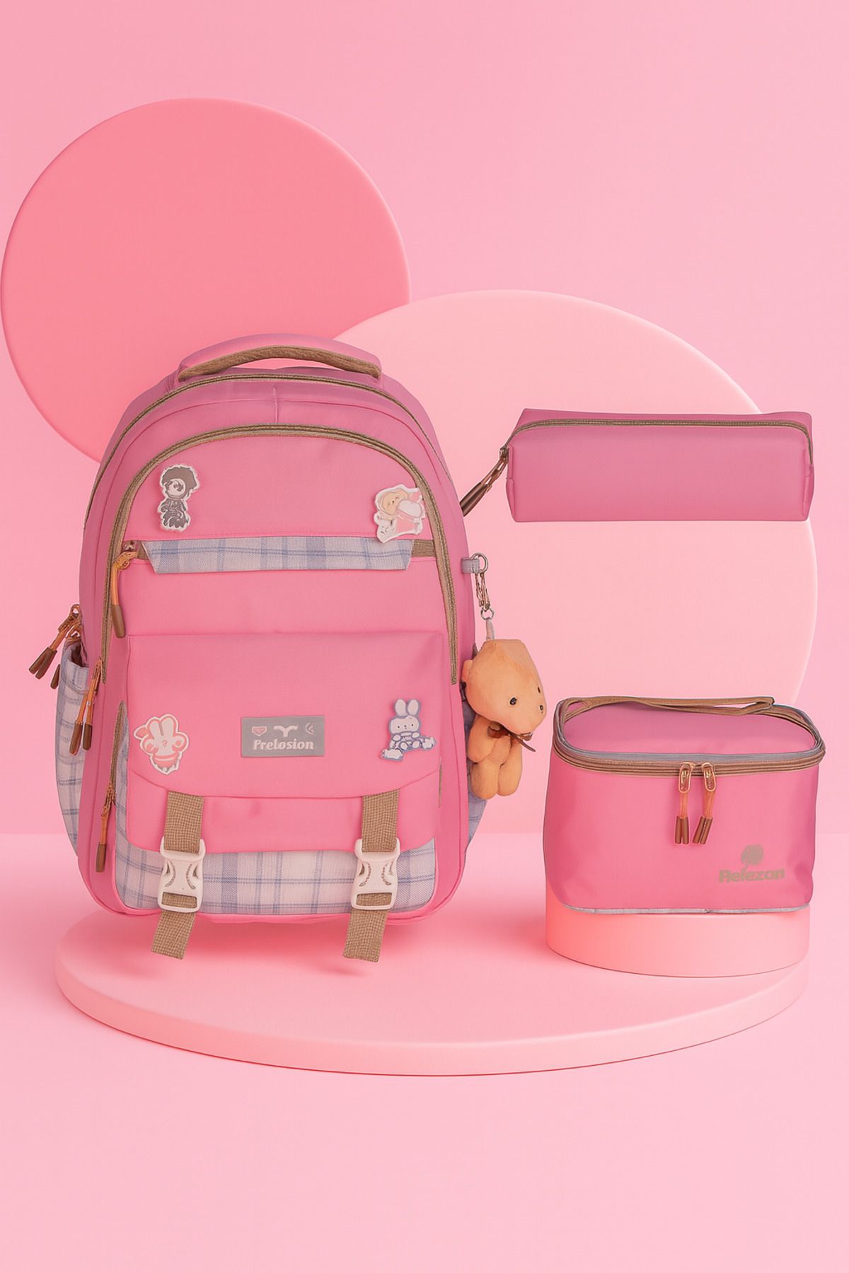 FATELLA Relaxion Kore Tarzı Kawaii Su Geçirmez Pembe 3lü Okul Çantası Seti Çocuk İlkokul Ortaokul