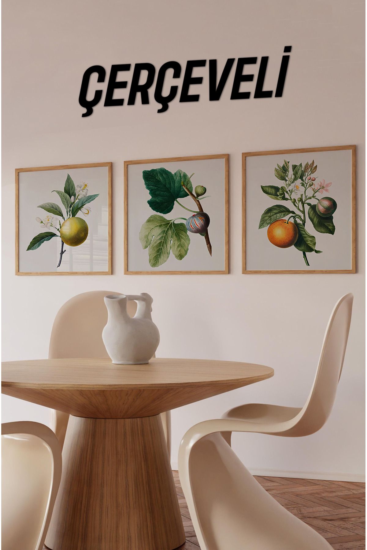 kutuTR 🟢 Bitki ve Meyve İllüstrasyonlu 3’lü Tablo Seti - Şık Ahşap Çerçeve ile KR4064