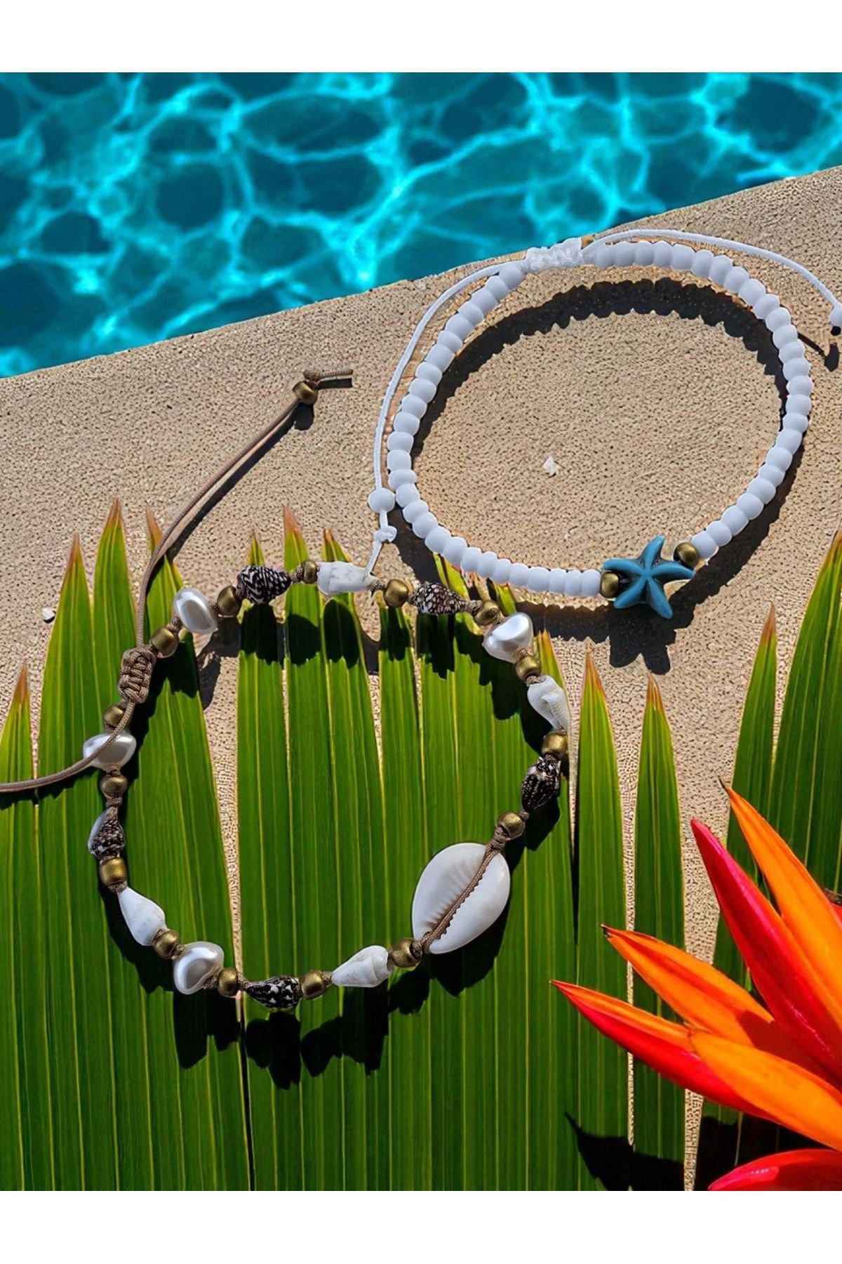 Amabel Jewelerys Midye Kabuğu ve Deniz Yıldızı Detaylı 2li Yaz Tatili Büyüsü Kadın İpli Halhal
