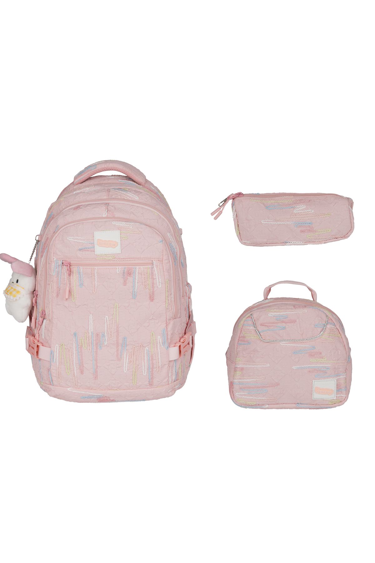 nacar çarşı Kız Çocuk Zigzag Desenli Pembe 3lü Okul Çantası – Kore Tarzı , Peluş Detaylı Set