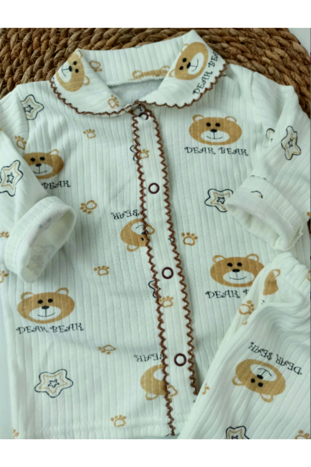 BabyWings Sevimli Ayıcık ve Yıldız Baskılı Oyalı Unisex Pijama Takım fotoğrafı 2 (önizleme)