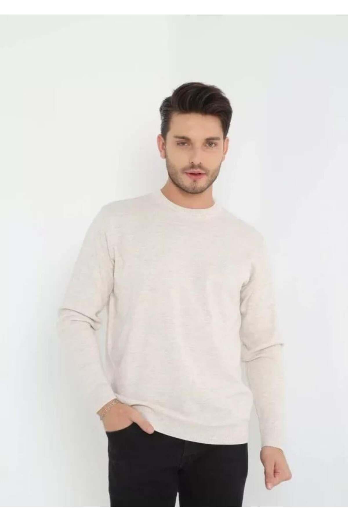 modamtn Unisex Uzun Kol Biskilet Yaka Dokuma Triko - Bej