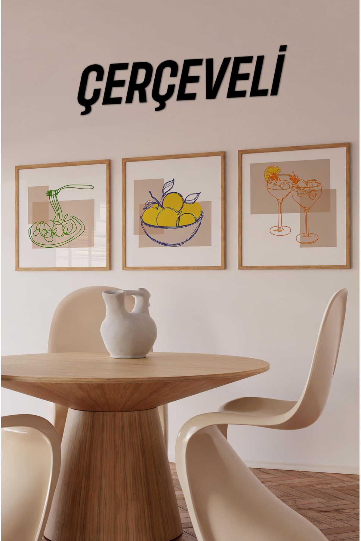 kutuTR 🍝🍋 Şık & Neşeli Garfik Çizimli 3'lü Mutfak Tablosu Seti – Spagetti 🍊 Limon 🍸 Kokteyl KR4063