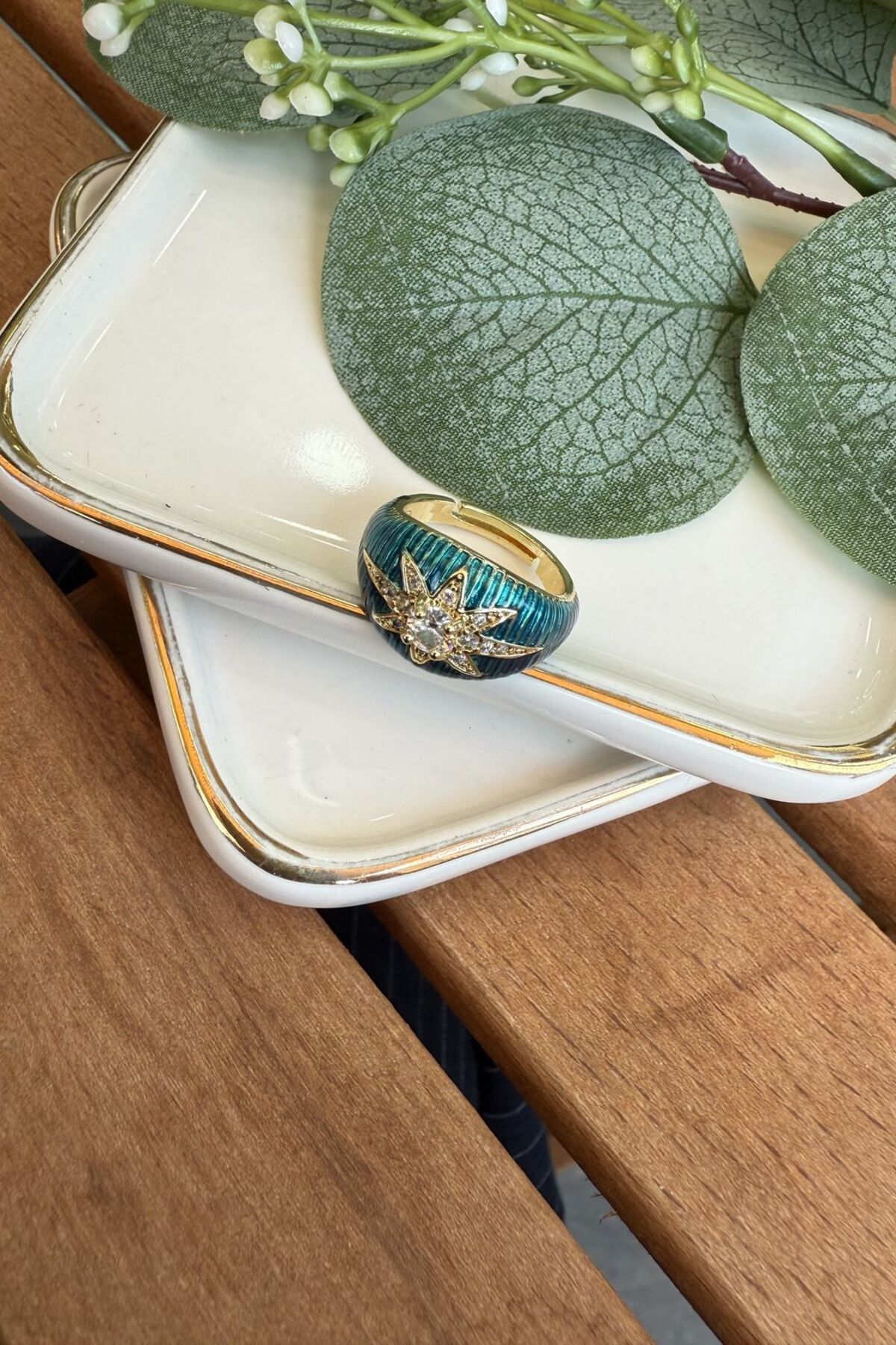 My Joyas Design 14K Altın Kaplama Mavi Mineli Victoria Serçe Parmak Yüzüğü