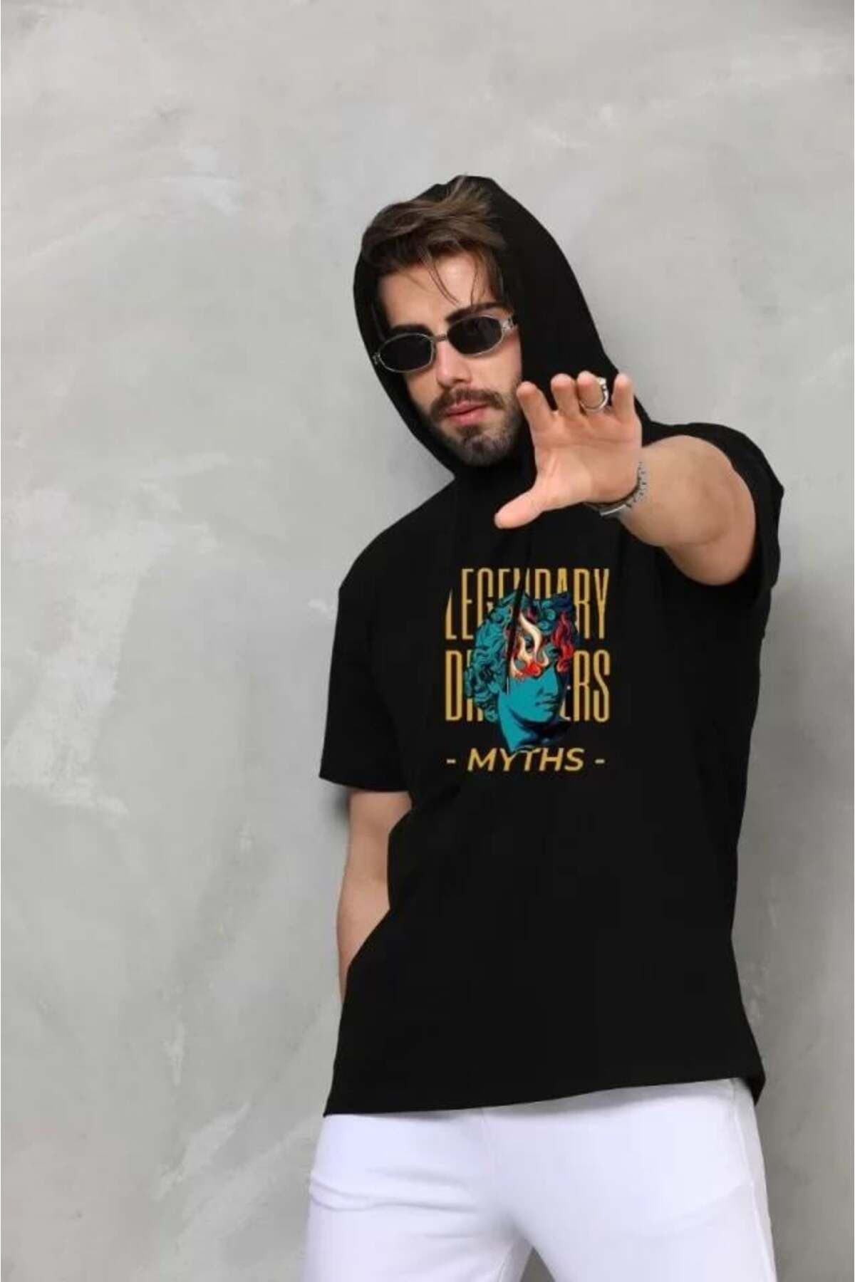 modamtn Unisex Kapşonlu Kolsuz Oversize Baskılı Tişört - Siyah
