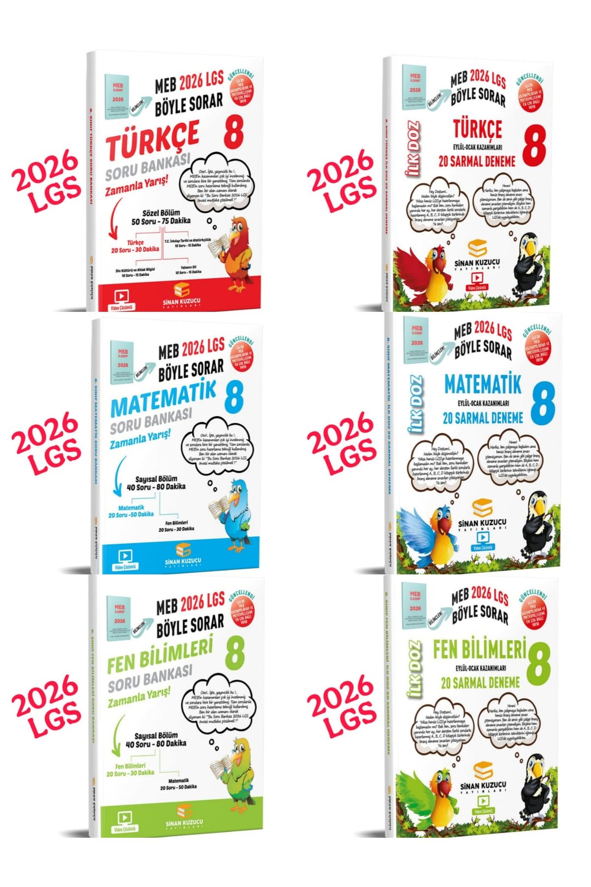 SİNAN KUZUCU YAYINLARI 2026 LGS türkçe-matematik-fen soru bankaları ve ilk doz denemeleri 6'lı setidir