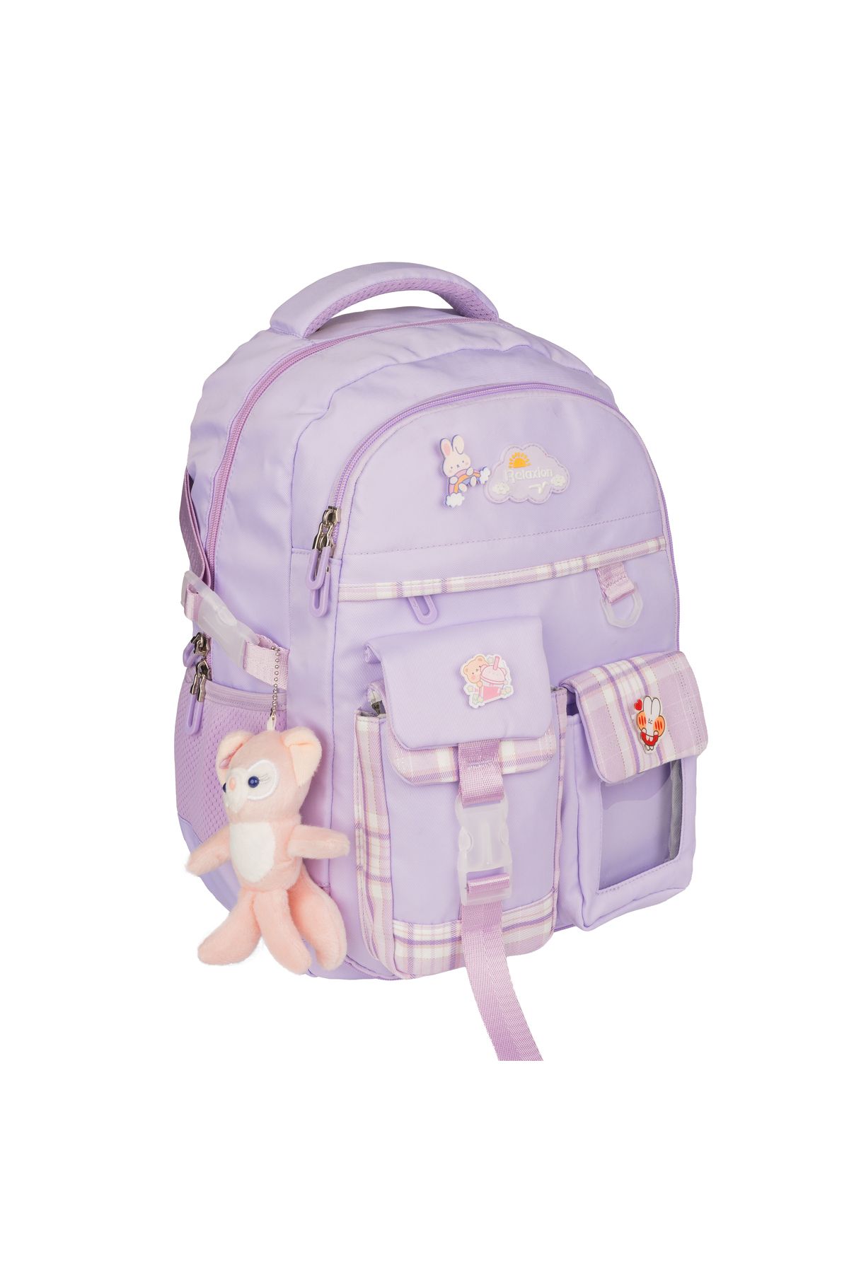 nacar çarşı Kız Çocuk Lila Kore Tarzı Kawaii İlkokul Ortaokul Sırt Çantası Ekstra Cepli, Peluş Anahtarlık