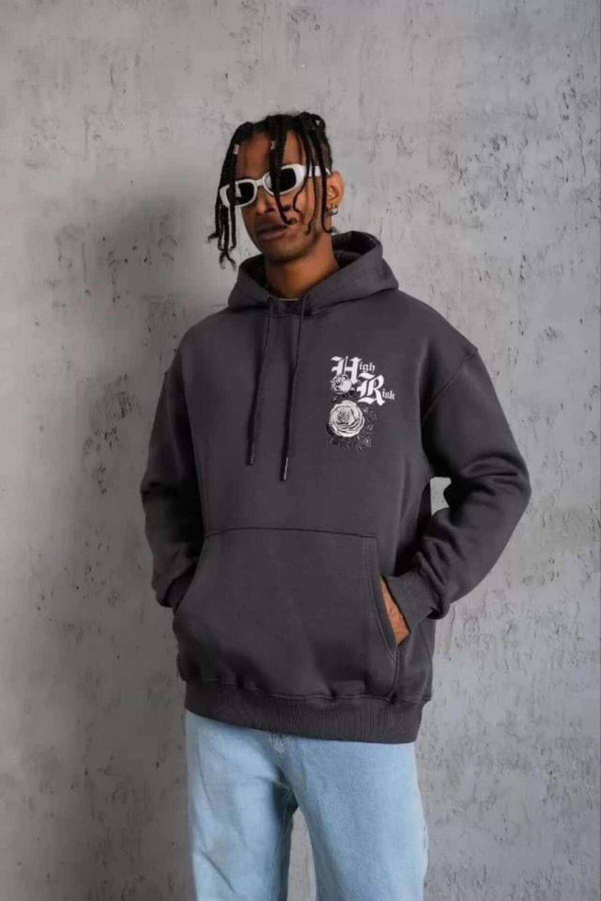 modamtn Erkek Baskılı Kapşonlu Sweat - Füme