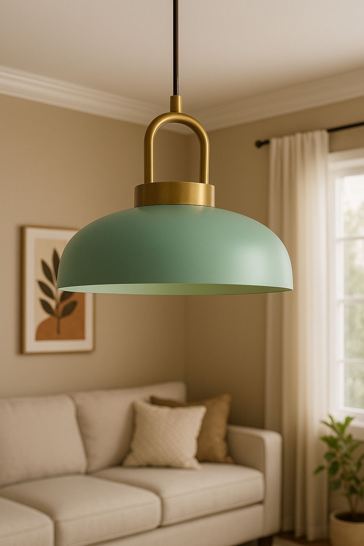 Foggia Aurelux Mint Yeşili Sarkıt Avize – Pirinç Renk Metal Detaylı | Modern Mutfak ve Salon Aydınlatma