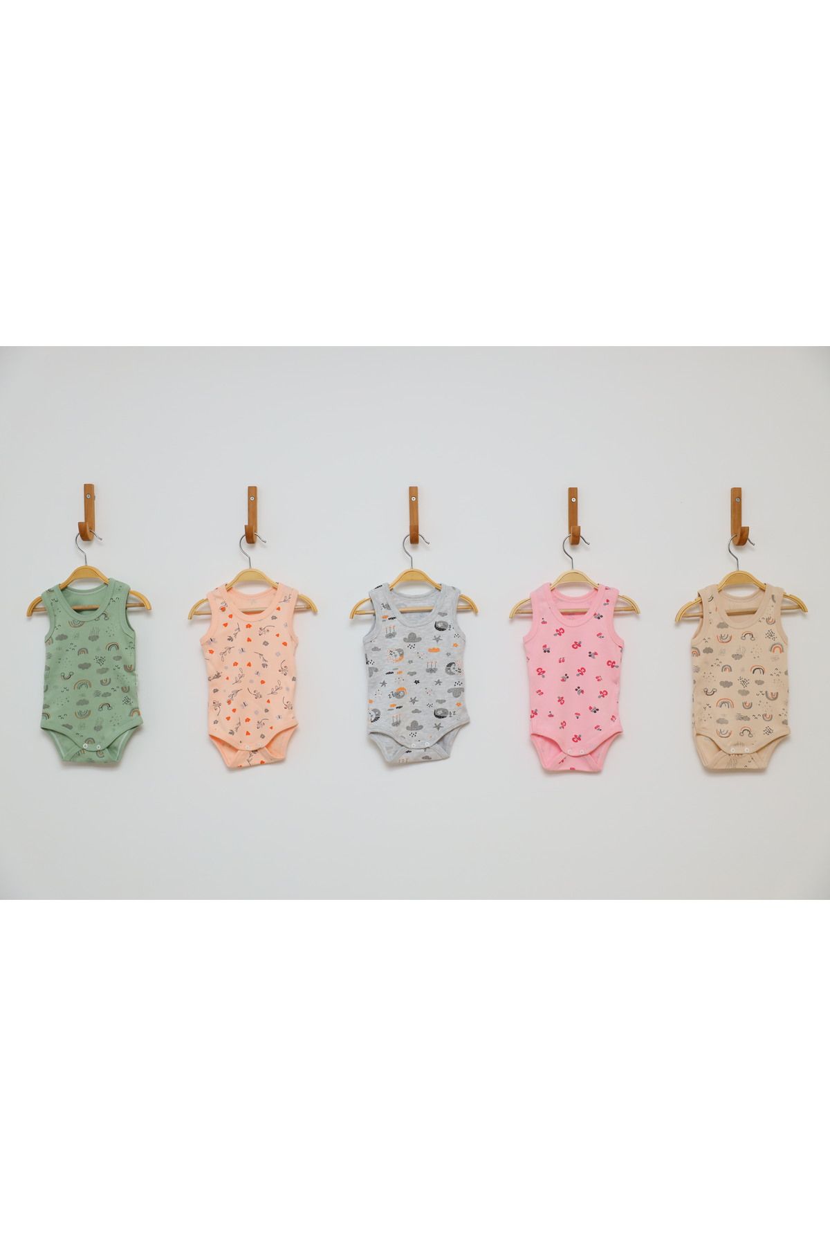 Vivolas Bebek Çıtçıtlı Body Desenli %100 Organik Pamuklu 5'Li Askılı Zıbın Kız Bebek & Çocuk