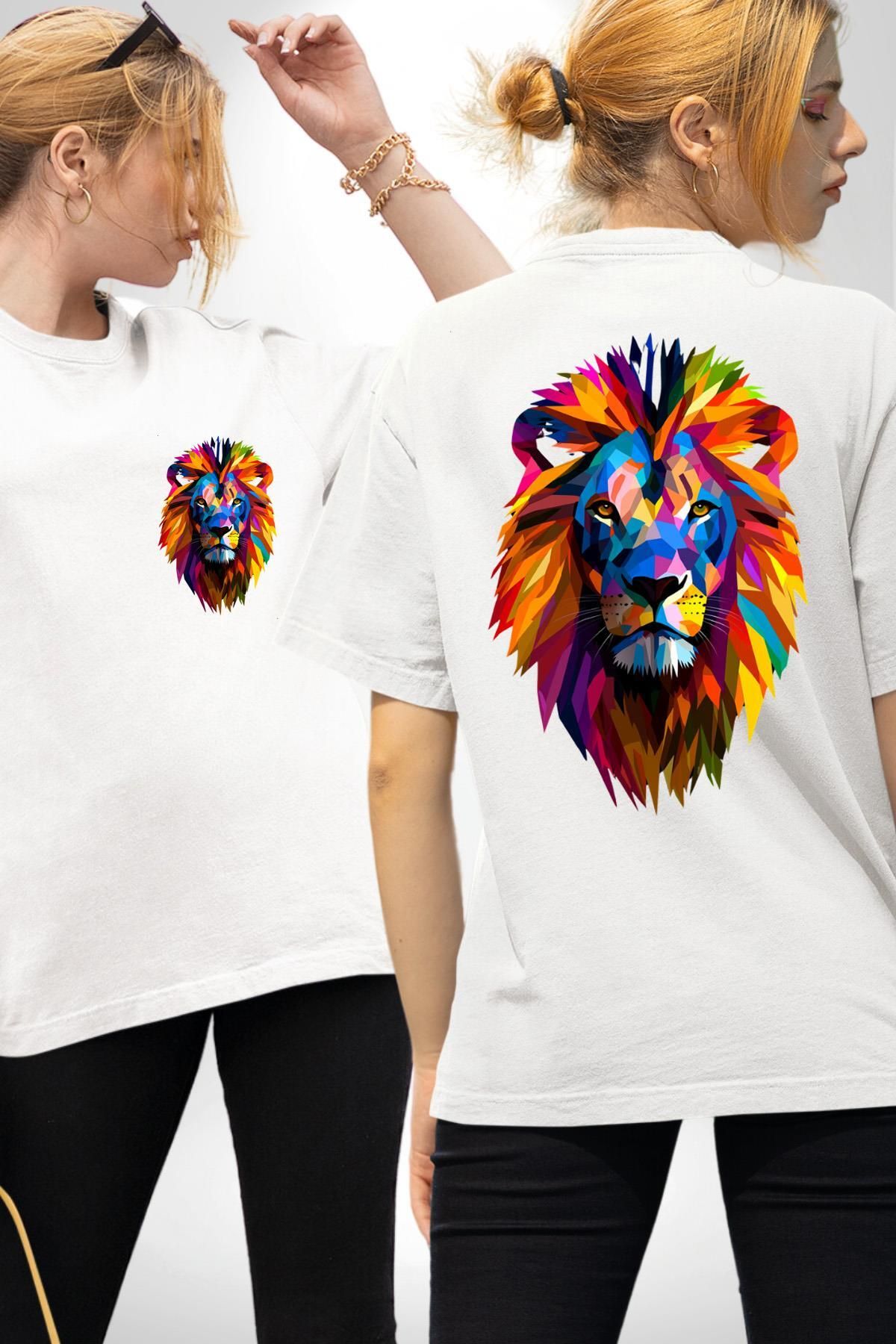 Angemiel Pop Art Aslan Cesaret Temalı Beyaz Oversize Kadın Erkek Ön ve Sırt Baskılı Tişört