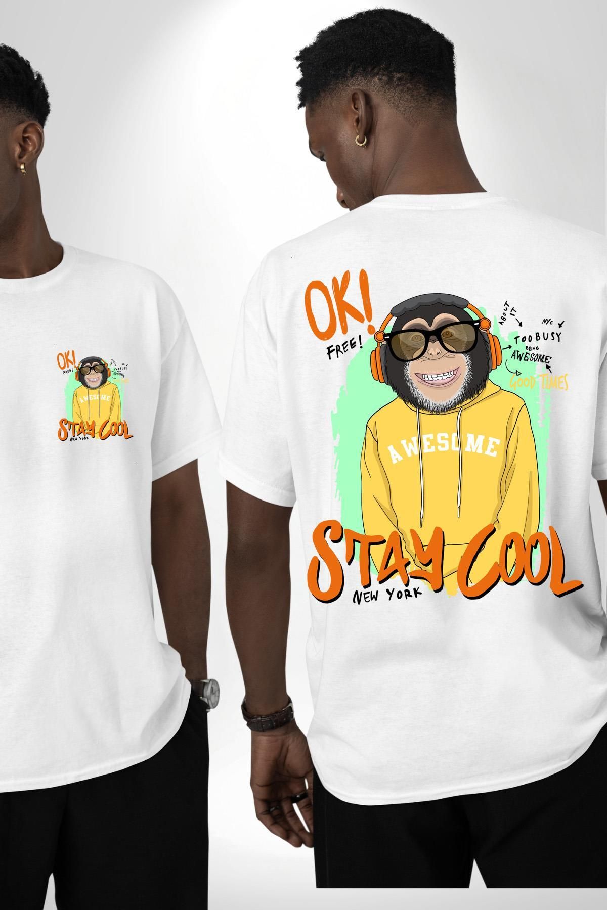 Angemiel Stay Cool Eğlenceli Maymun Grafik Beyaz Oversize Kadın Erkek Ön ve Sırt Baskılı Tişört