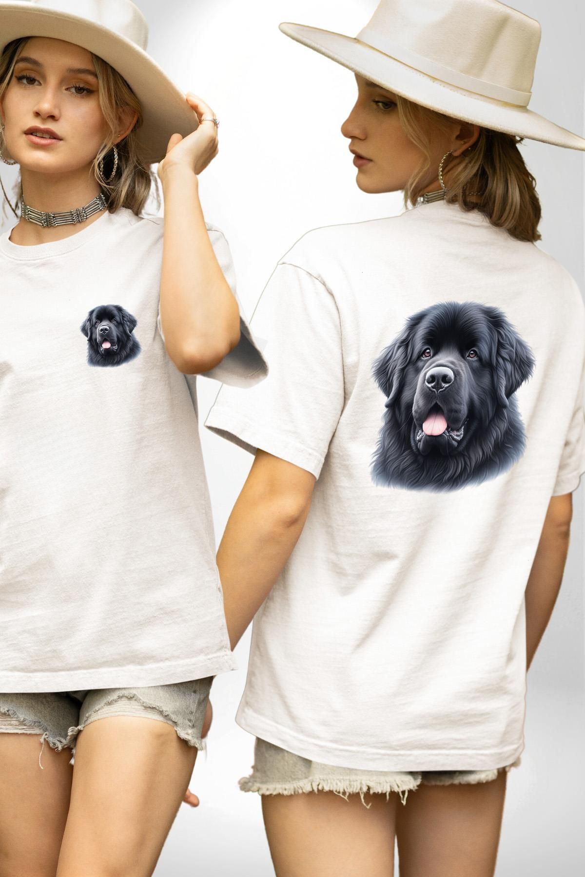 Angemiel Newfoundland Güçlü Su Dostu Köpek Beyaz Oversize Kadın Erkek Ön ve Sırt Baskılı Tişört