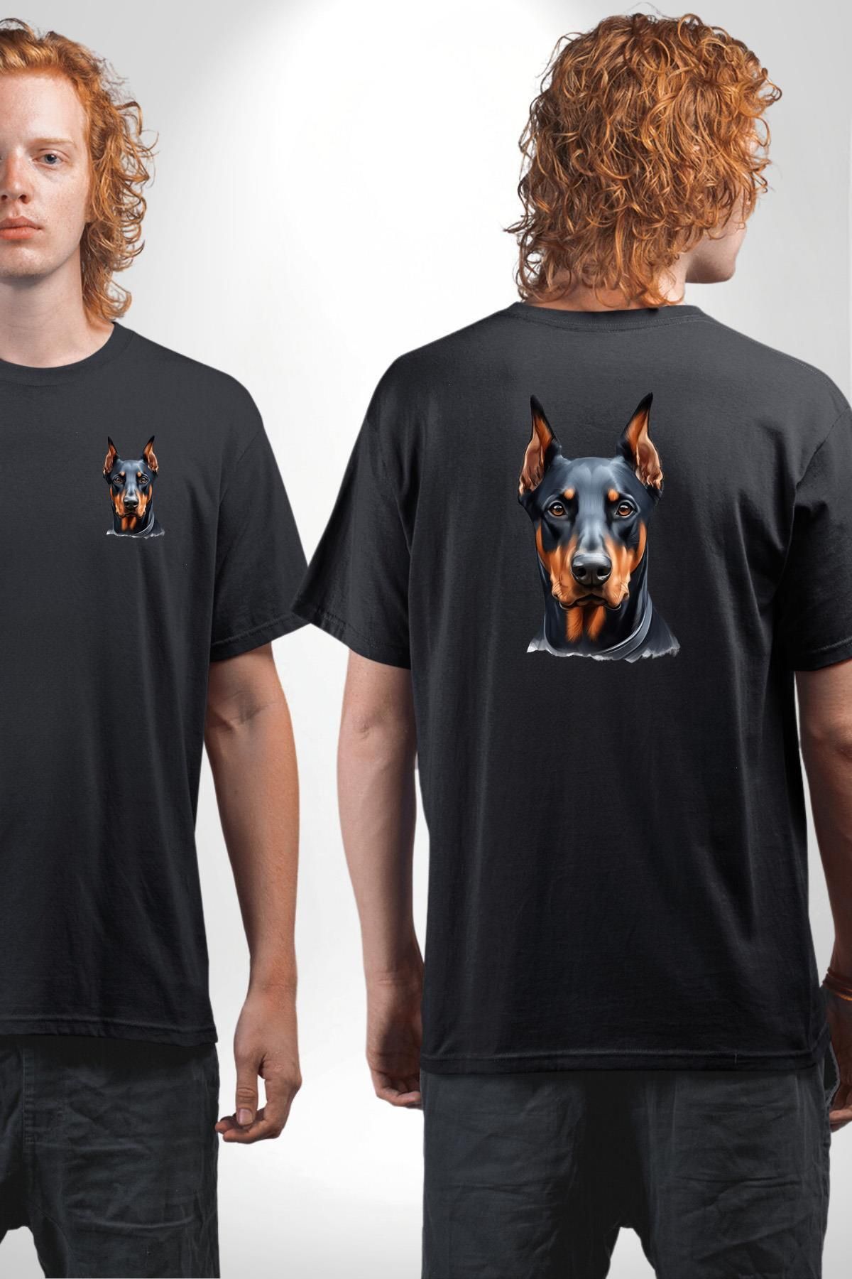 Angemiel Sadık Doberman Cesur Güçlü Köpek Tasarımı Siyah Oversize Kadın Erkek Ön ve Sırt Baskılı Tişört