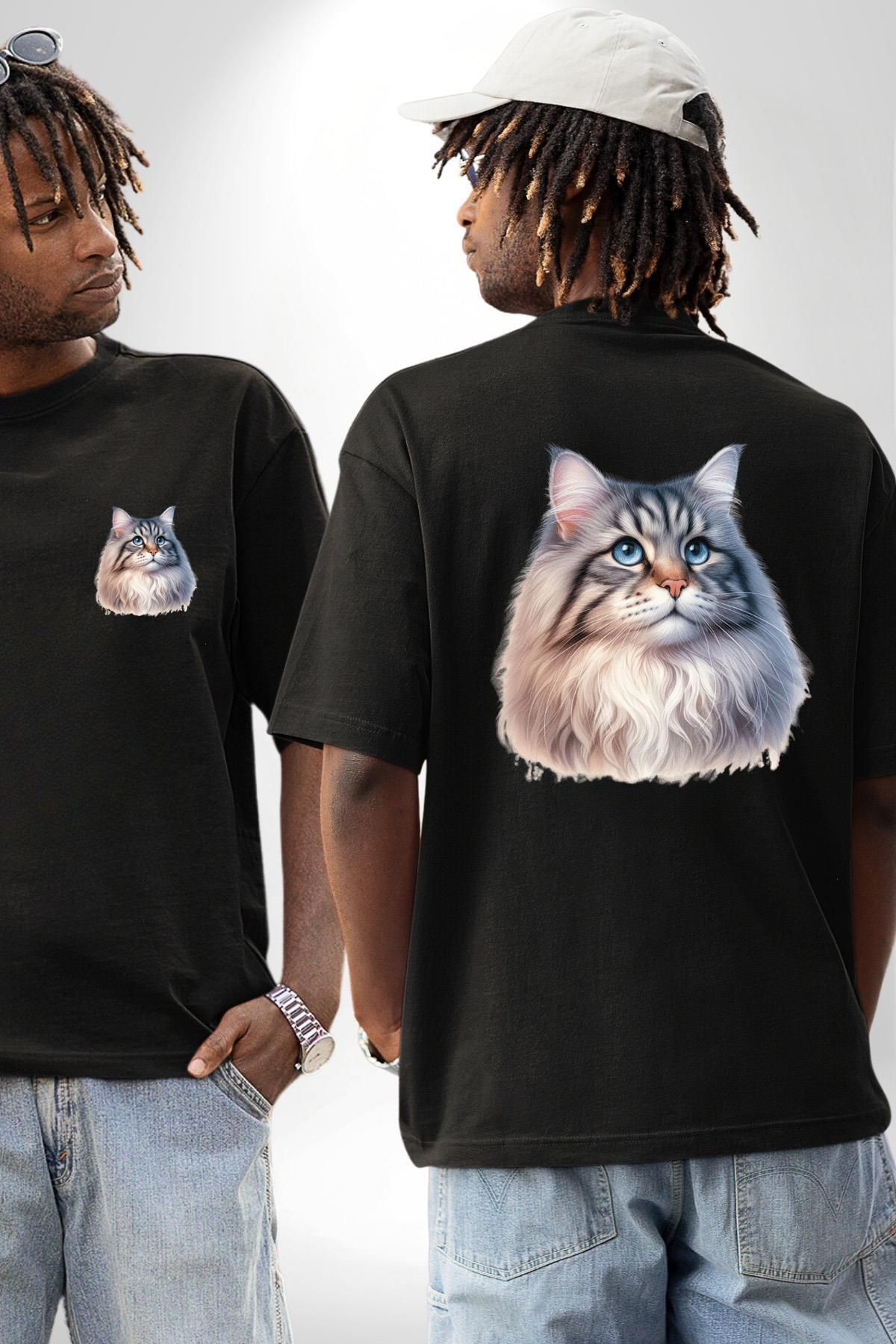 Angemiel Norveç Orman Kedi Sever Siyah Oversize Kadın Erkek Ön ve Sırt Baskılı Tişört