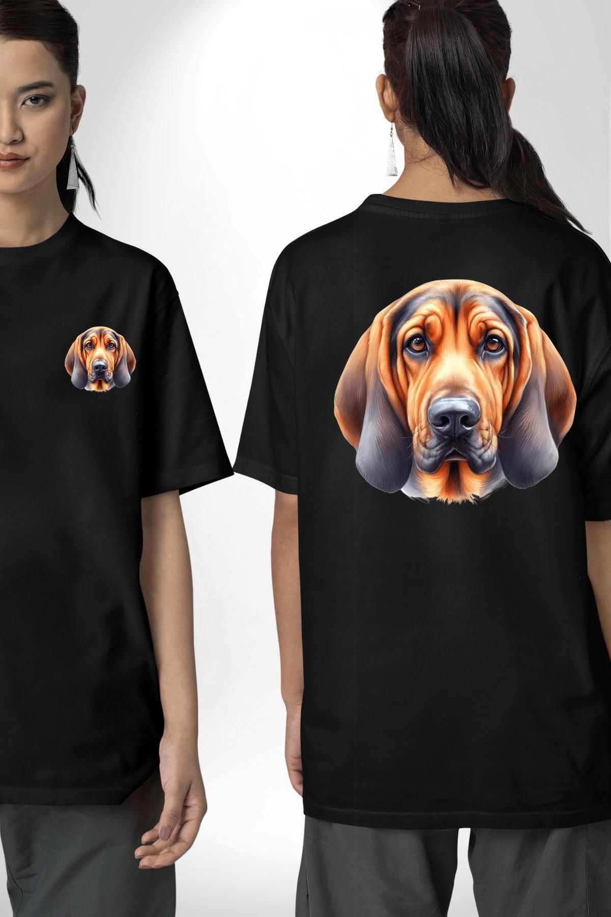 Angemiel Arama Kurtarma Bloodhound Köpek Siyah Oversize Kadın Erkek Ön ve Sırt Baskılı Tişört
