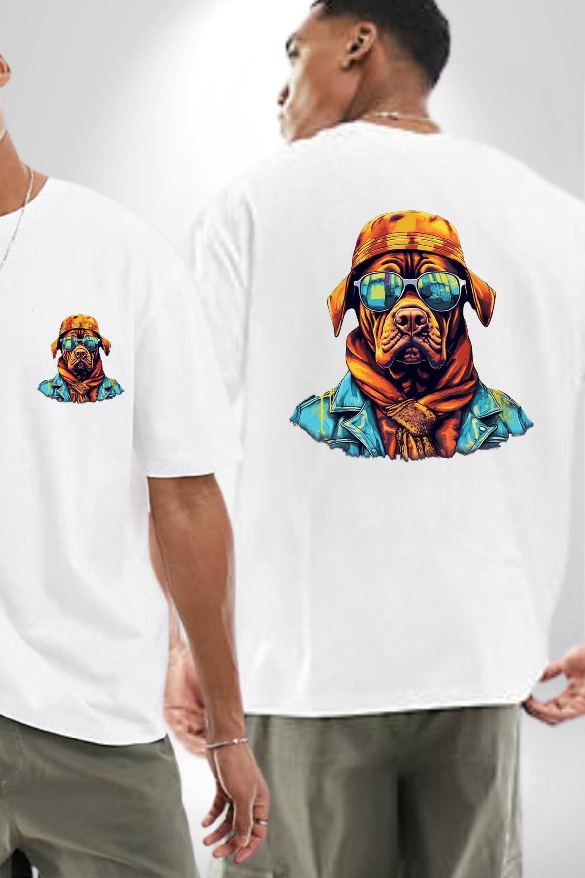 Angemiel Turuncu Bandanalı Cool Köpek Beyaz Oversize Kadın Erkek Ön ve Sırt Baskılı Tişört